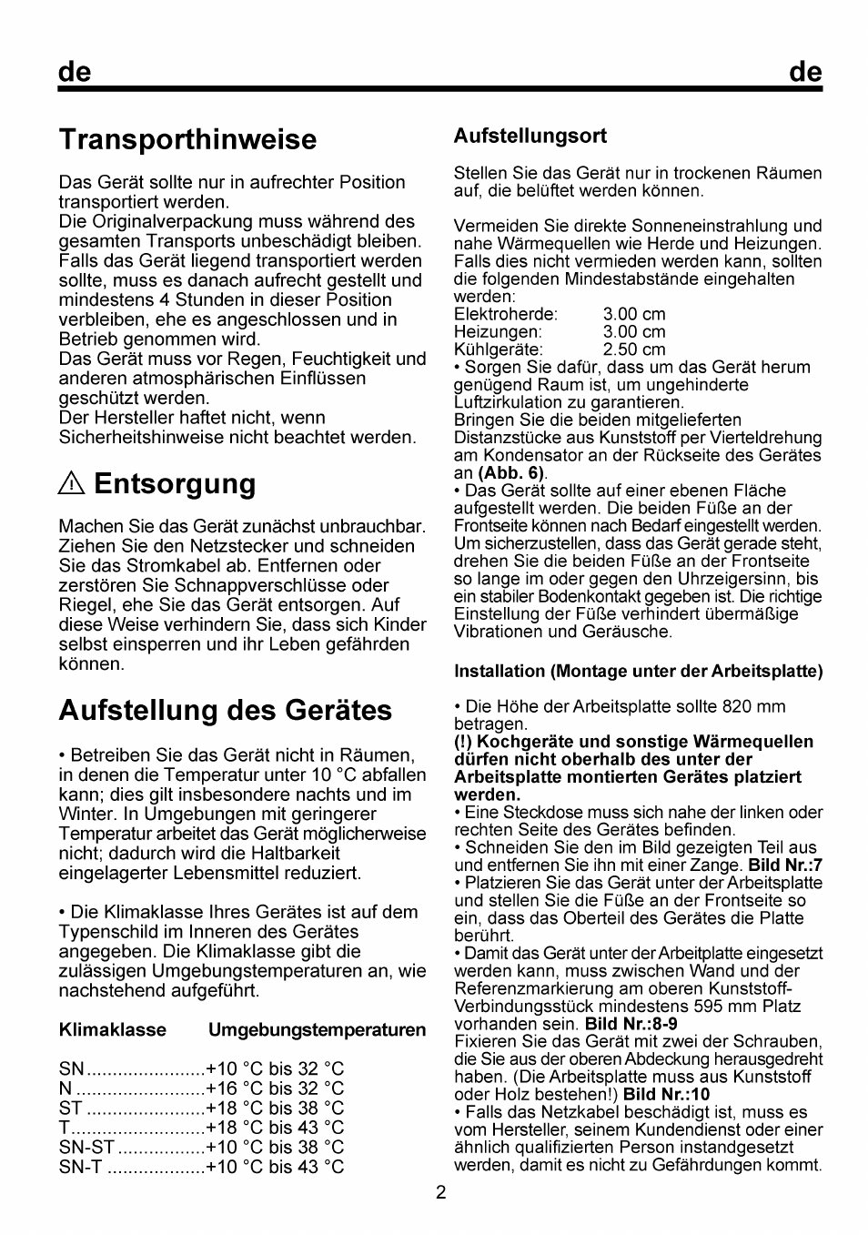 T ransporthinweise, A entsorgung, Aufstellung des gerätes | Aufstellungsort, Aufstellung des gerätes........................ /2, Entsorgung | Beko FSE 1073 User Manual | Page 18 / 64