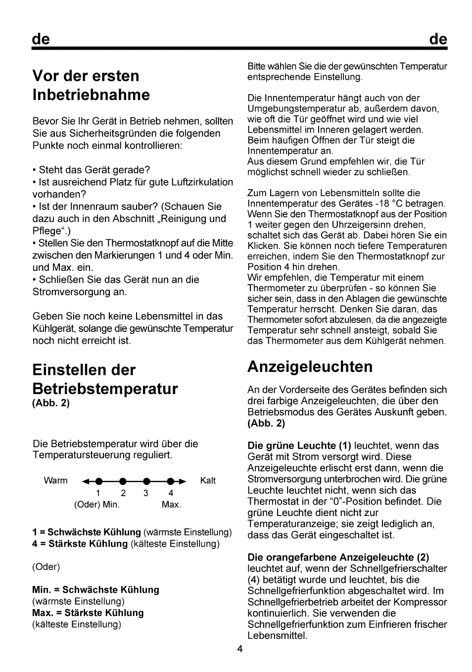 Vor der ersten inbetriebnahme, Einstellen der betriebstemperatur, Anzeigeleuchten | Vor der ersten inbetriebnahme............. /4, Einstellen der betriebstemperatur......../4, De vor der ersten inbetriebnahme | Beko FSE 1073 User Manual | Page 20 / 64