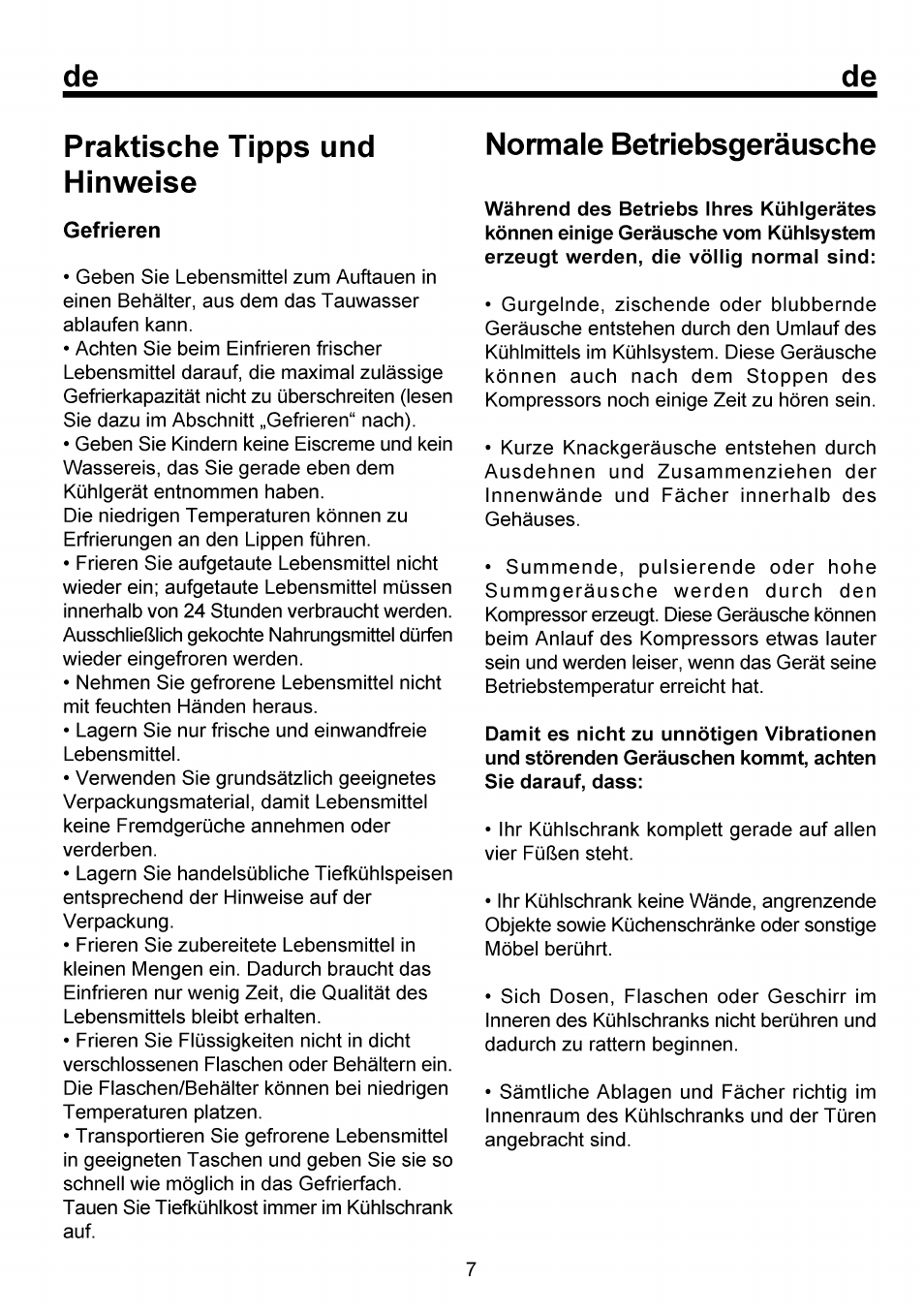 Praktische tipps und hinweise, Gefrieren, Normale betriebsgeräusche | Praktische tipps und hinweise............ /6, Normale betriebsgeräusche................. /7, De praktische tipps und hinweise | Beko FSE 1073 User Manual | Page 23 / 64