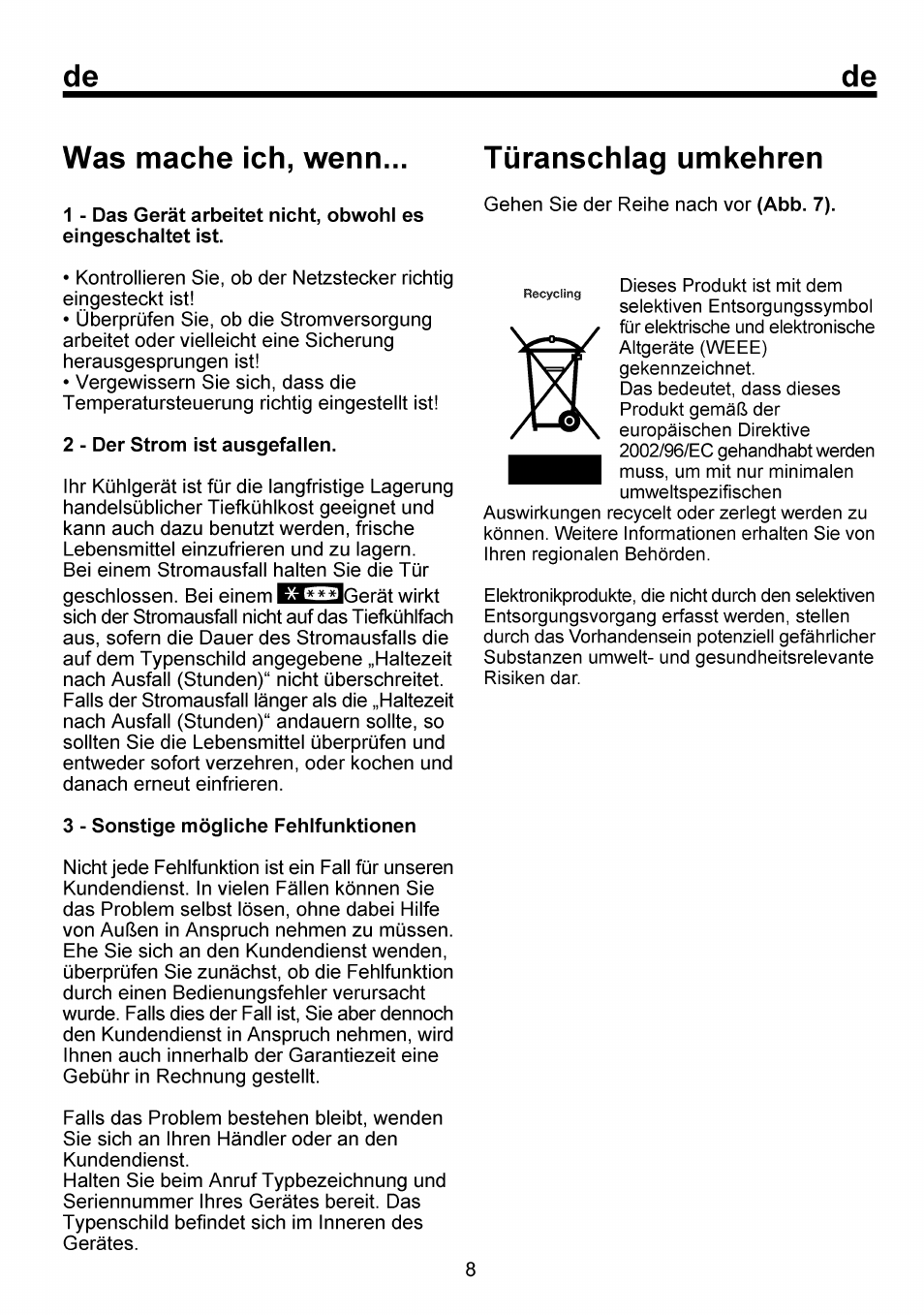 Was mache ich, wenn, Türanschlag umkehren, De was mache ich, wenn | Beko FSE 1073 User Manual | Page 24 / 64