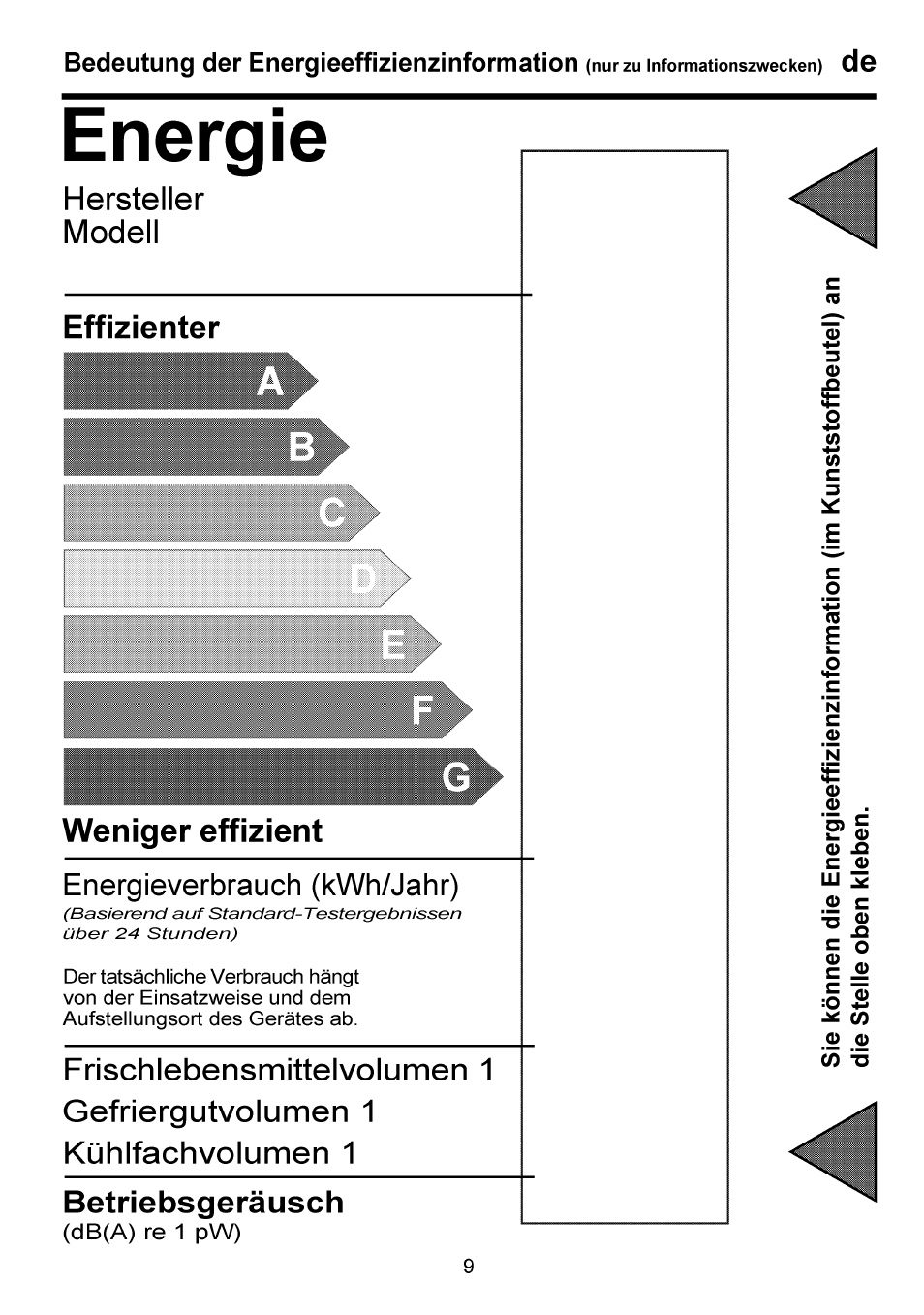 Energie, Hersteller, Modell | Effizienter, Weniger effizient, Energieverbrauch (kwh/jahr), Betriebsgeräusch, Hersteller modell | Beko FSE 1073 User Manual | Page 25 / 64