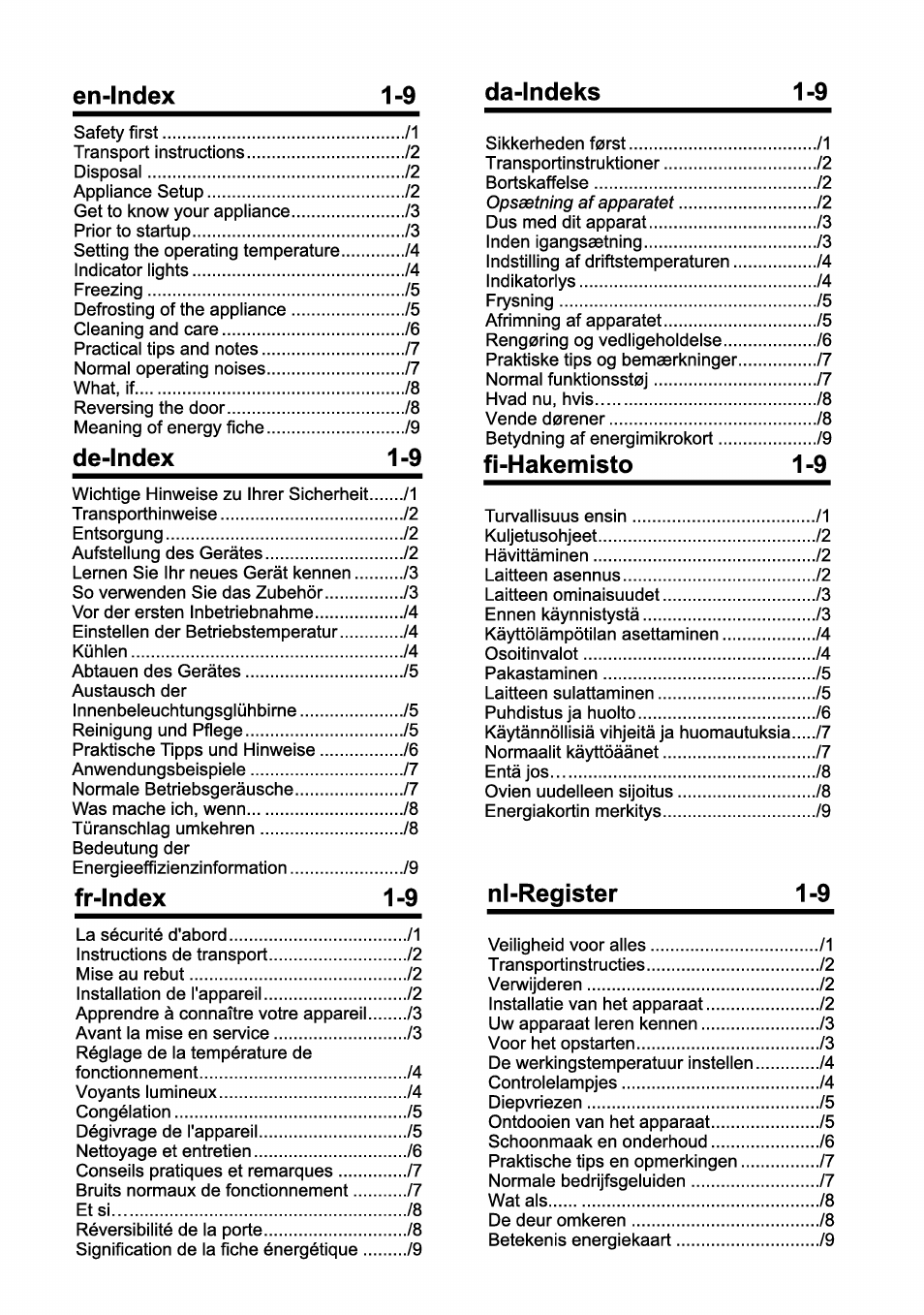 Da-indeks, Nl-register, En-index | De-index 1-9, Fr-index, Fi-hakemisto | Beko FSE 1073 User Manual | Page 3 / 64
