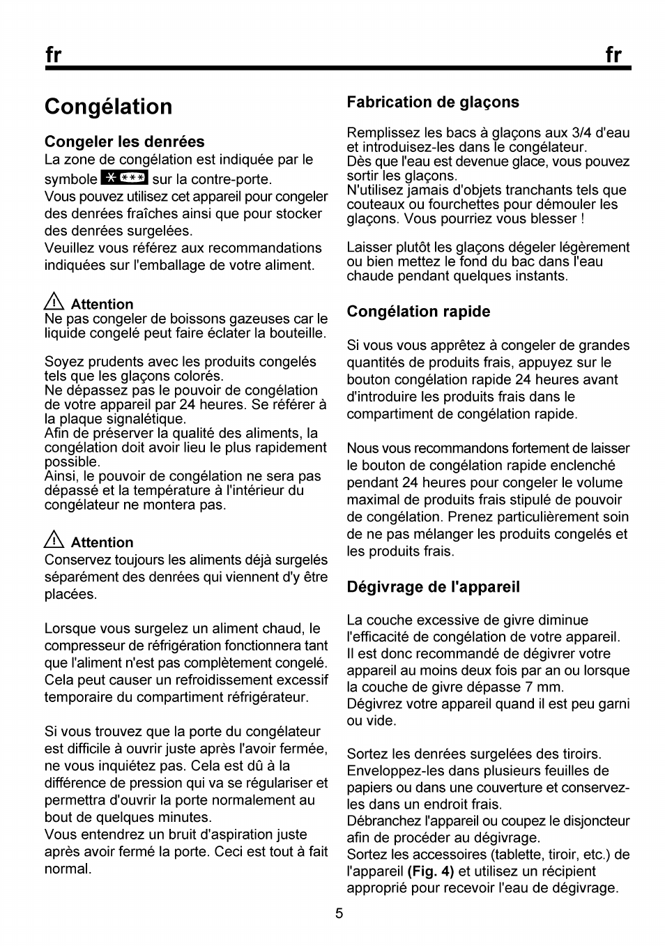 Congélation, Congeler les denrées, Fabrication de giaçons | Congéiation rapide, Dégivrage de l'appareil, Fr congélation | Beko FSE 1073 User Manual | Page 30 / 64