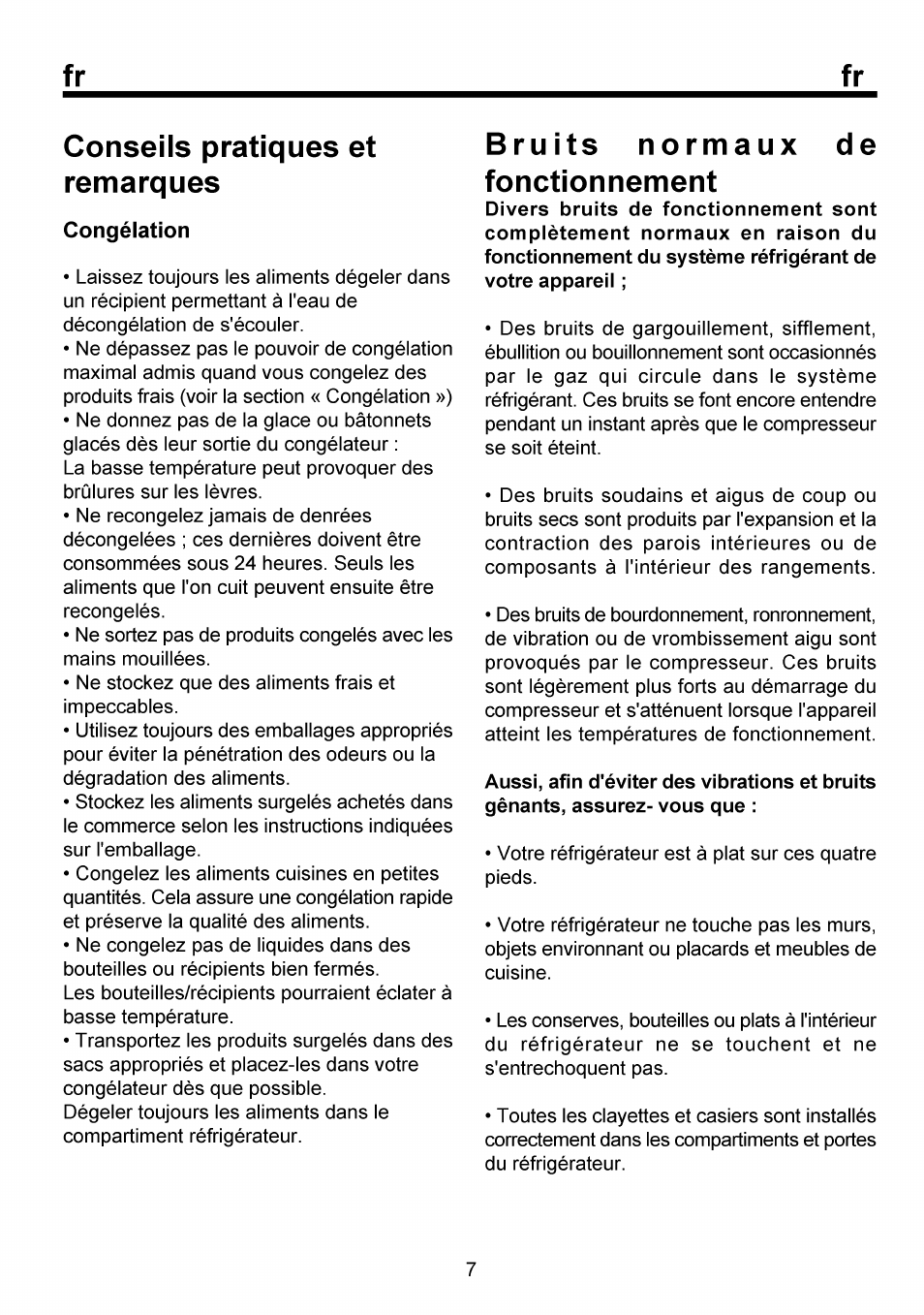 Conseils pratiques et remarques, Congélation, Bruits normaux de fonctionnement | Conseils pratiques et remarques........../7, Bruits normaux de fonctionnement...... /7, Fr conseils pratiques et remarques | Beko FSE 1073 User Manual | Page 32 / 64
