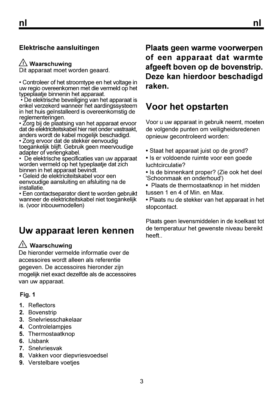 Elektrische aansluitingen, Voor het opstarten, Uw apparaat leren kennen | Uw apparaat leren kennen..................../3 | Beko FSE 1073 User Manual | Page 55 / 64