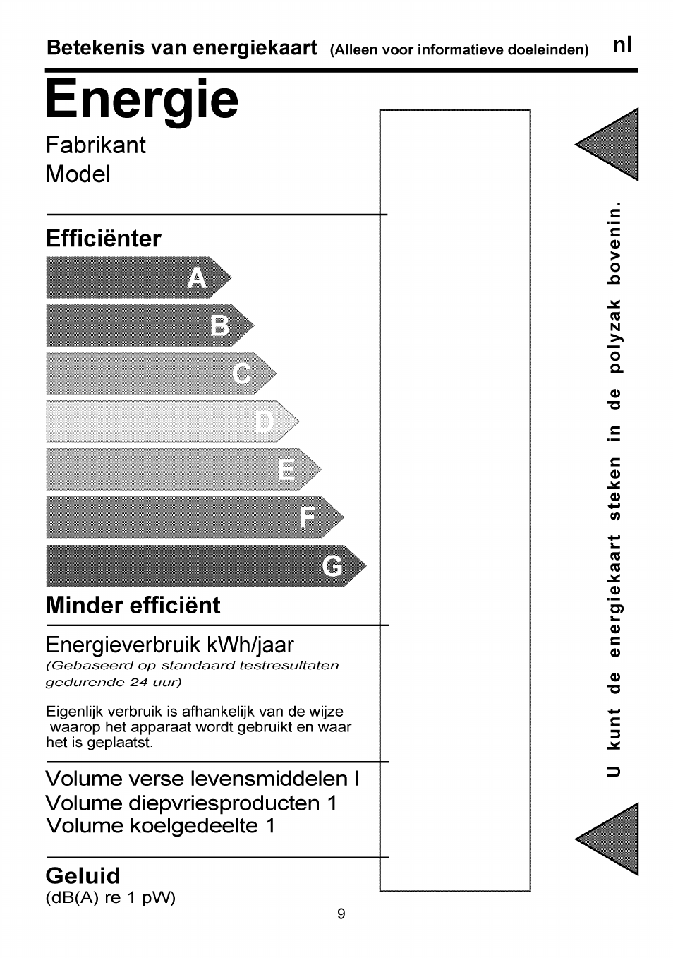 Energie, Fabrikant, Model | Efficienter, Minder efficient, Energieverbruik kwh/jaar, Geluid, Betekenis van energiekaart | Beko FSE 1073 User Manual | Page 61 / 64