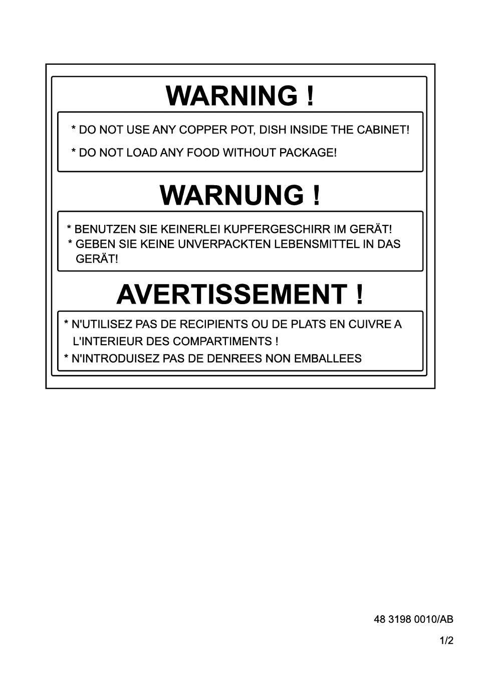 Warning, Warnung, Avertissement | Beko FSE 1073 User Manual | Page 64 / 64