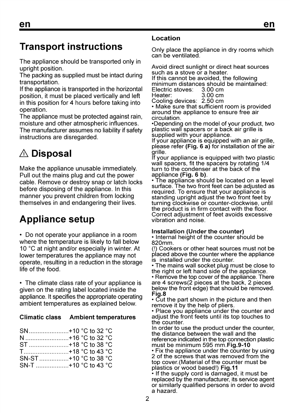 Transport instructions, A disposal, Appliance setup | En transport instructions, Disposal | Beko FSE 1073 User Manual | Page 9 / 64