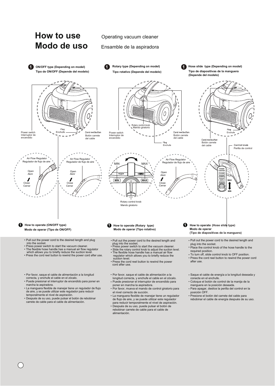 How to use, Modo de uso, Operating vacuum cleaner | Ensamble de la aspiradora | LG VC3016NRTQ User Manual | Page 13 / 25