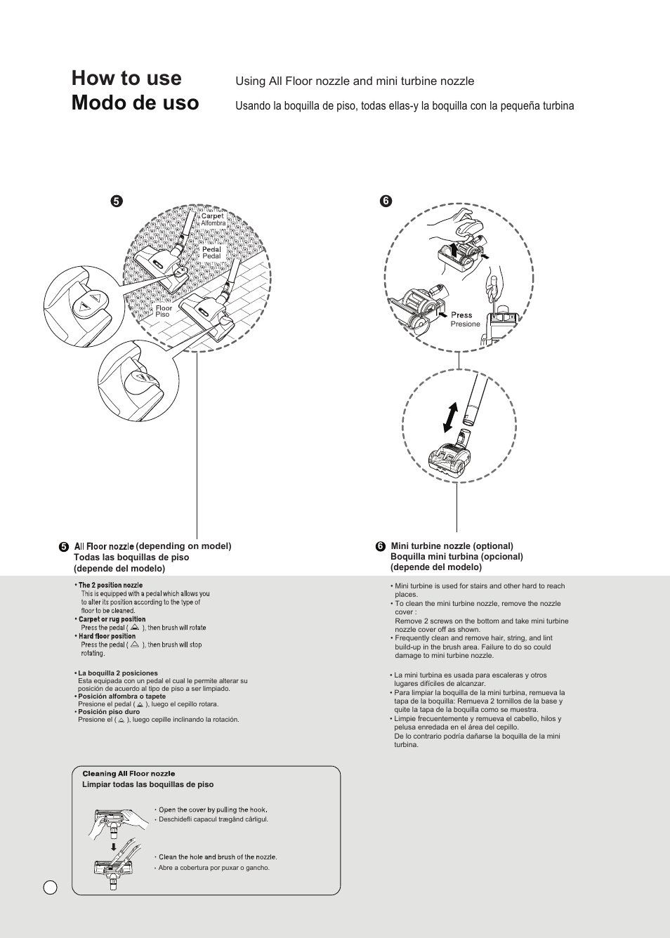 How to use, Modo de uso, Using all floor nozzle and mini turbine nozzle | LG VC3016NRTQ User Manual | Page 17 / 25