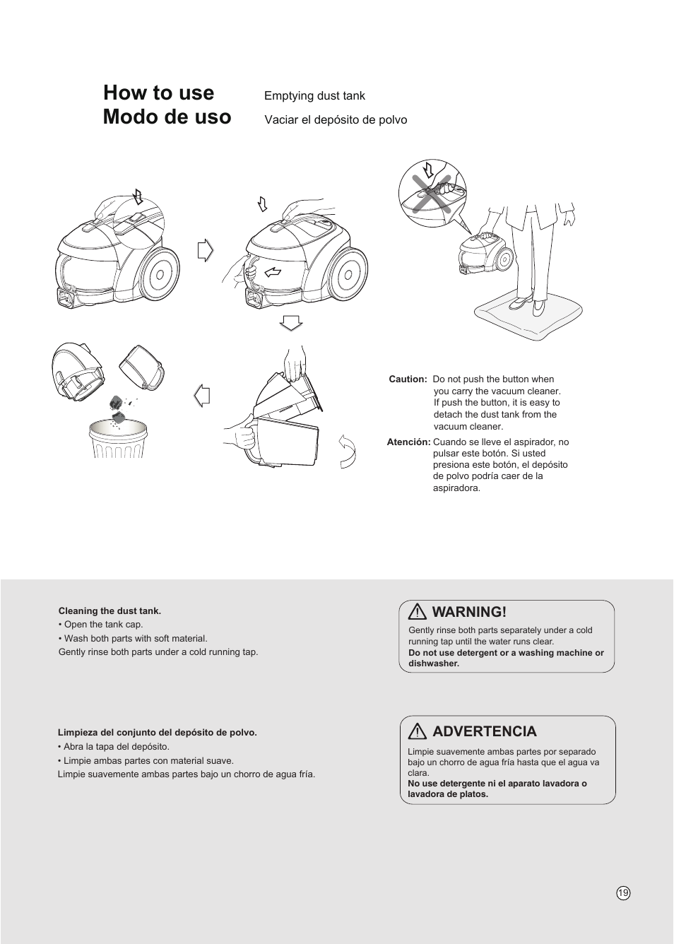 How to use, Modo de uso, Warning | Advertencia | LG VC3016NRTQ User Manual | Page 20 / 25