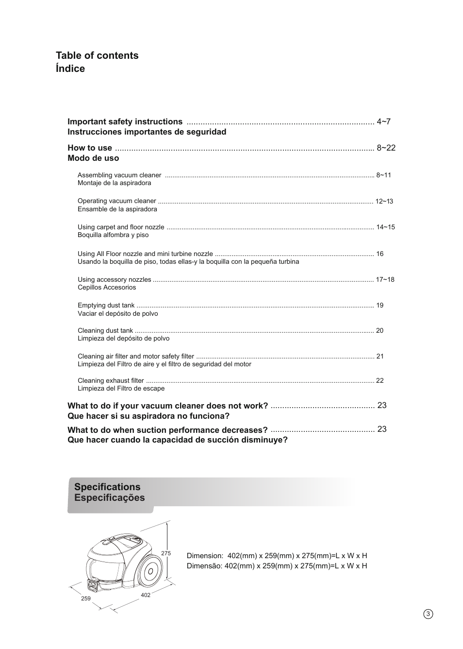 Table of contents índice, Specifications especificações | LG VC3016NRTQ User Manual | Page 4 / 25