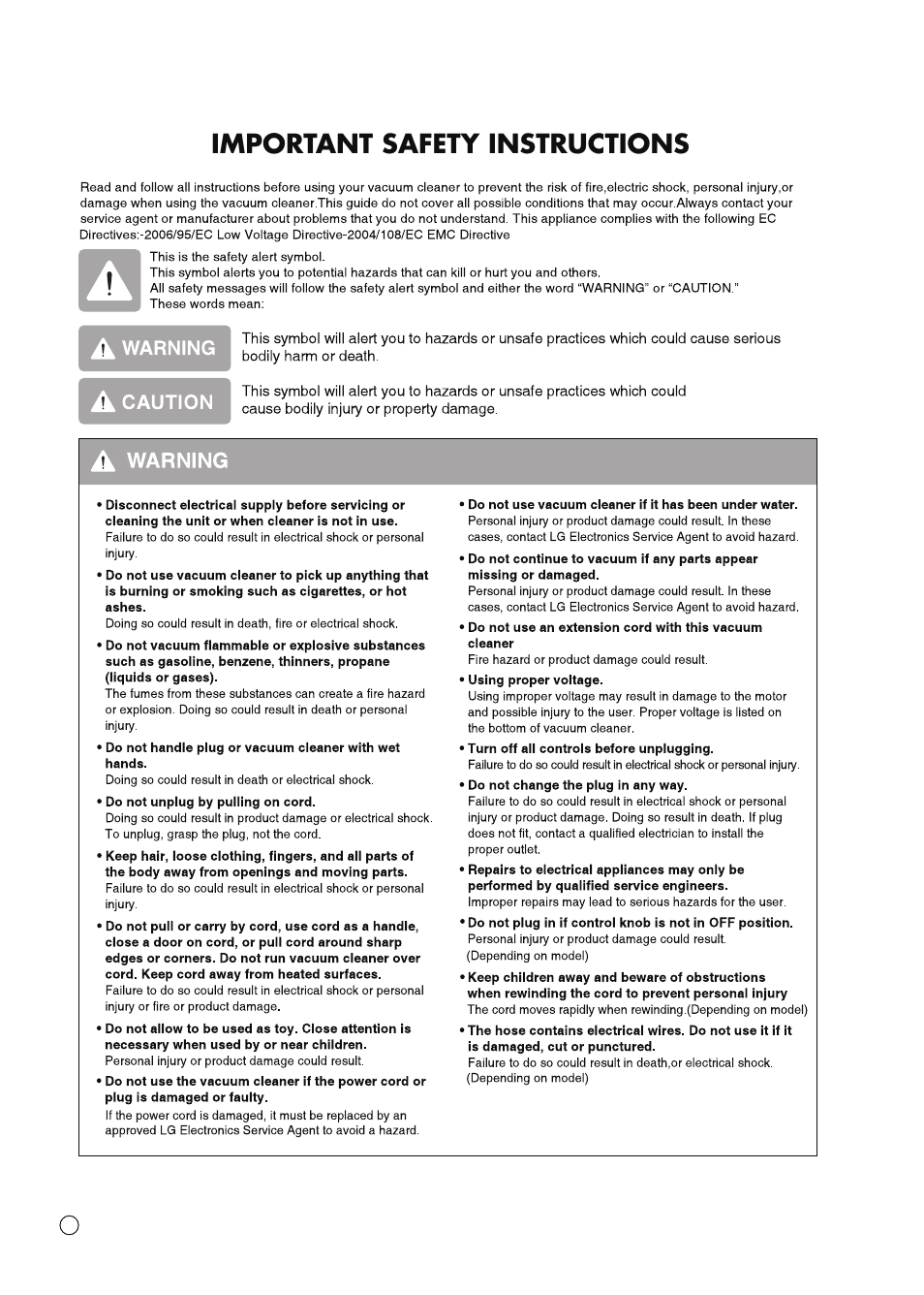 Important safety instructions | LG VC3016NRTQ User Manual | Page 5 / 25