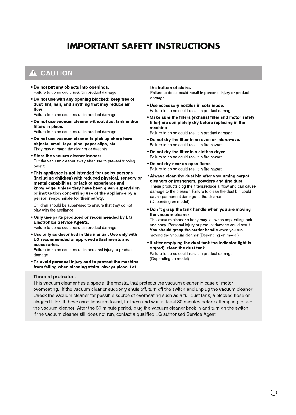 Important safety instructions | LG VC3016NRTQ User Manual | Page 6 / 25