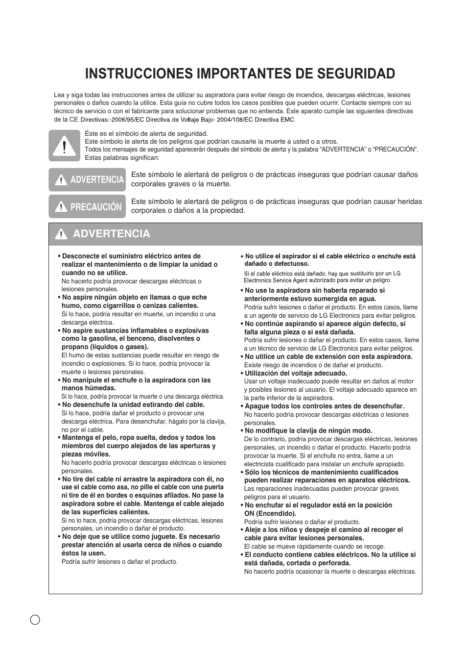 Instrucciones importantes de seguridad, Advertencia, Precaución | LG VC3016NRTQ User Manual | Page 7 / 25
