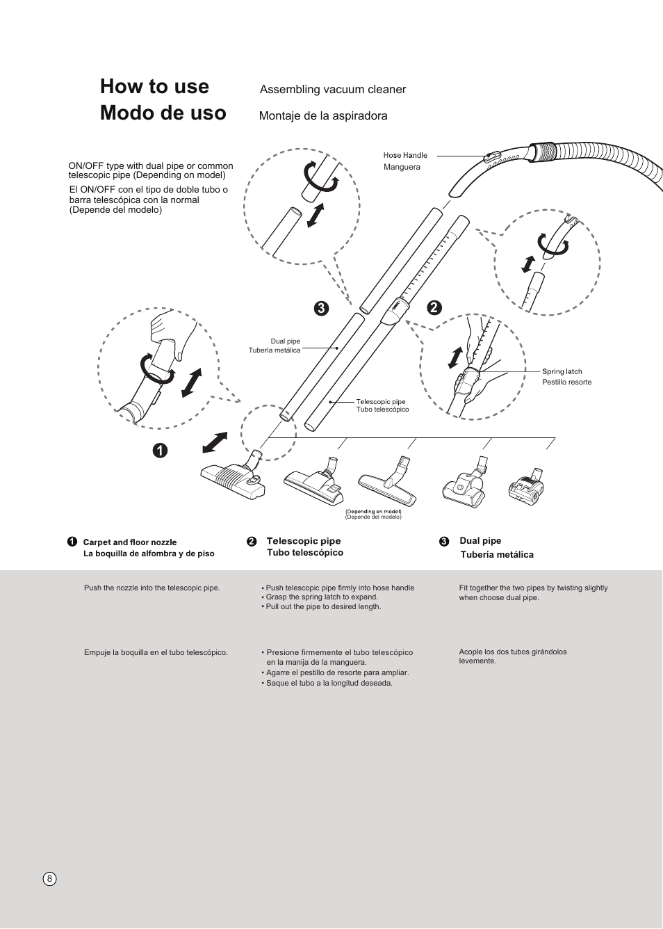 How to use, Modo de uso, Assembling vacuum cleaner | Montaje de la aspiradora | LG VC3016NRTQ User Manual | Page 9 / 25