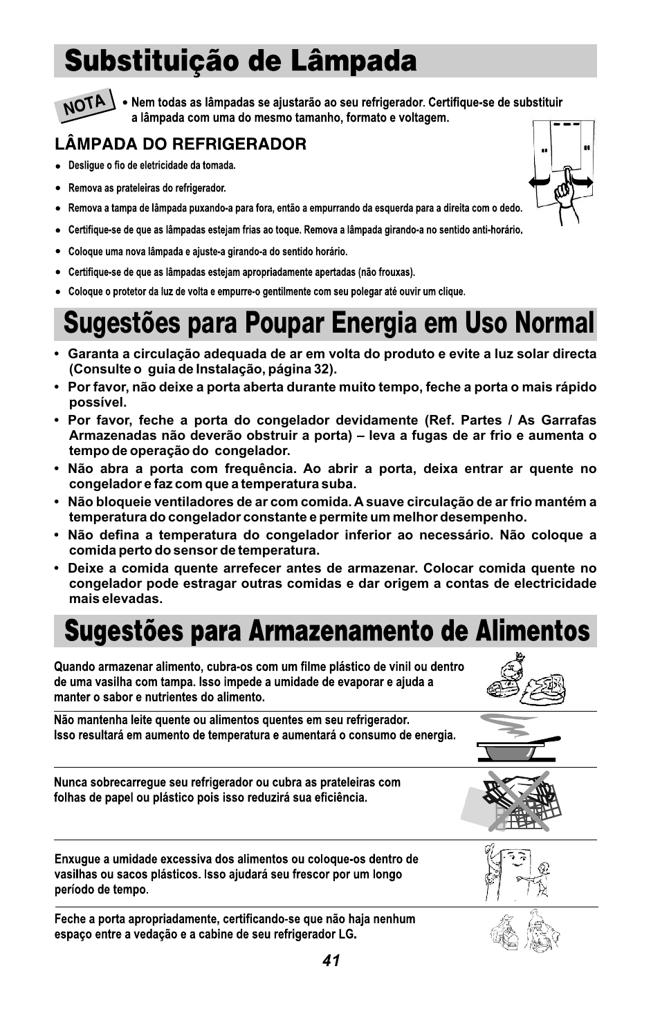 Sugestões para poupar energia em uso normal | LG GR3421W User Manual | Page 43 / 48