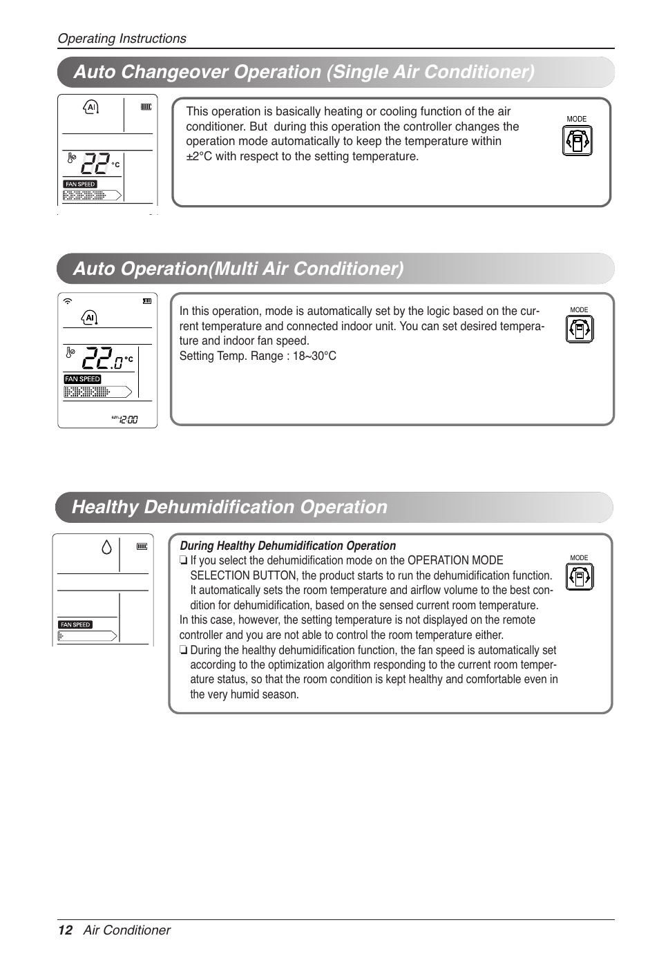 Auto changeover operation (single air conditioner) | LG CC07AWV User Manual | Page 12 / 381