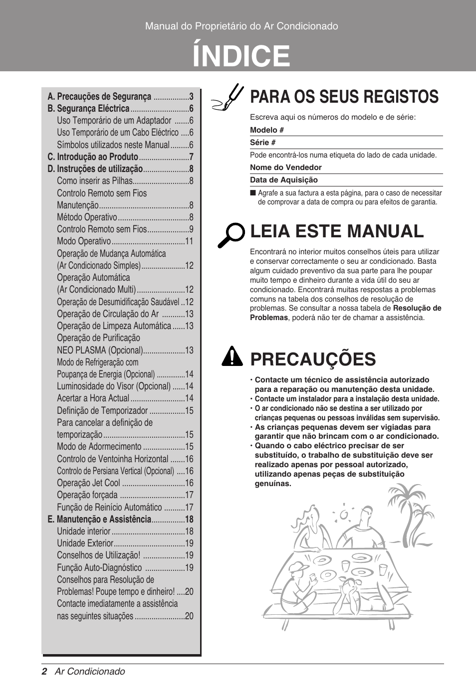 Índice, Para os seus registos, Leia este manual | Precauções | LG CC07AWV User Manual | Page 122 / 381