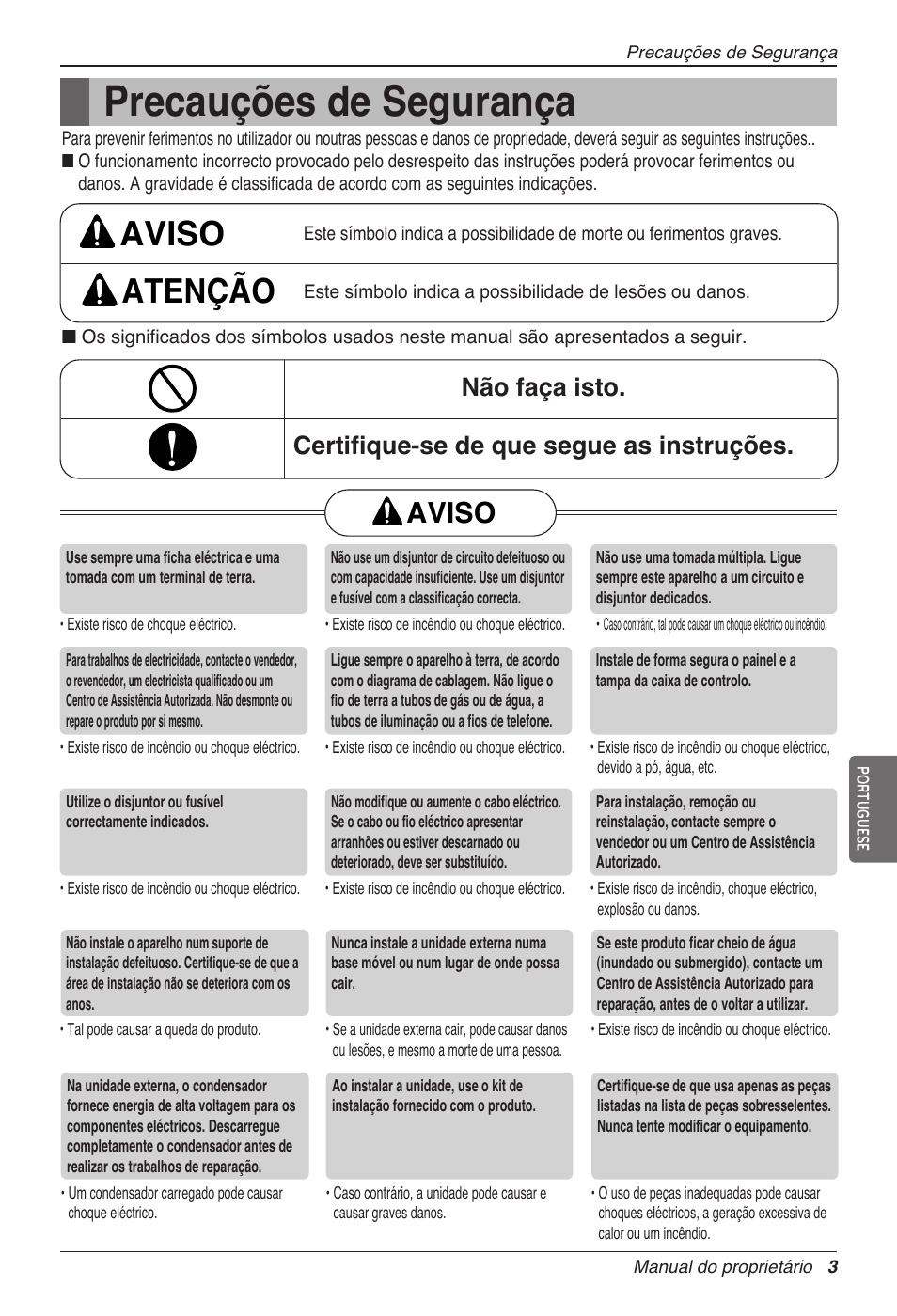 Precauções de segurança, Aviso atenção, Aviso | LG CC07AWV User Manual | Page 123 / 381