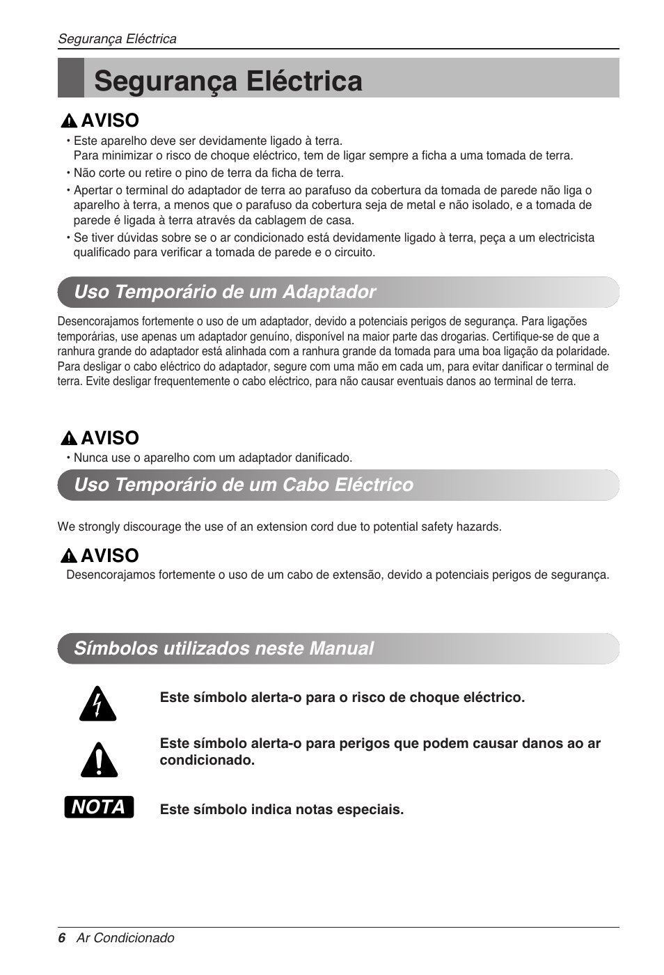 Segurança eléctrica, Aviso, Nota | Símbolos utilizados neste manual | LG CC07AWV User Manual | Page 126 / 381
