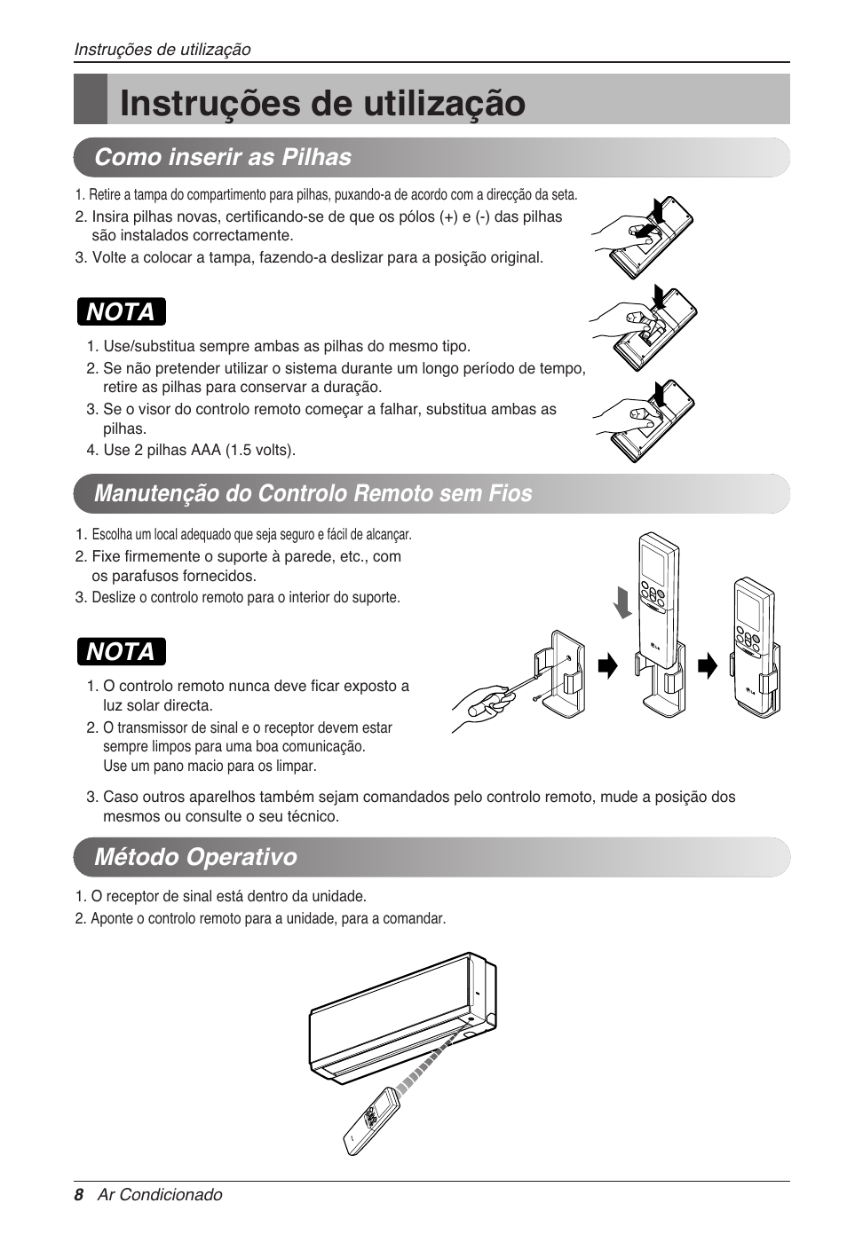 Instruções de utilização, Nota, Método operativo | LG CC07AWV User Manual | Page 128 / 381