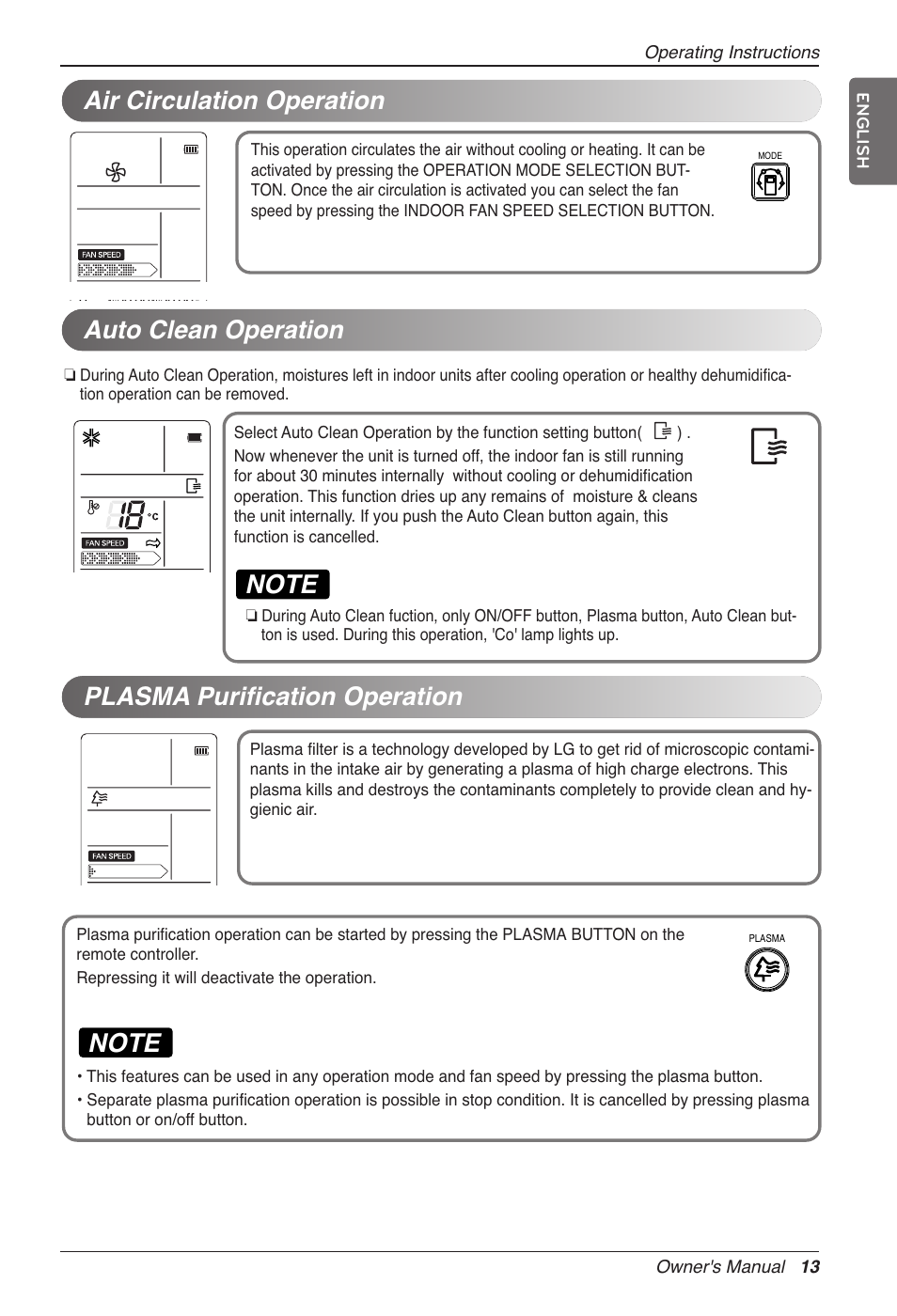 Auto clean operation, Plasma purification operation, Air circulation operation | LG CC07AWV User Manual | Page 13 / 381