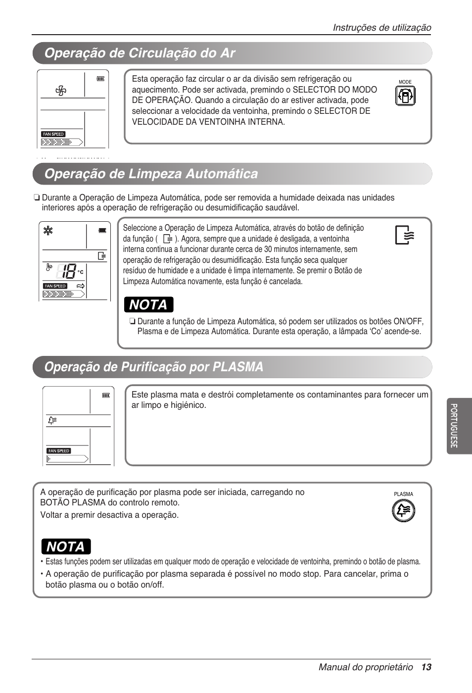 Nota, Operação de limpeza automática, Operação de purificação por plasma | Operação de circulação do ar | LG CC07AWV User Manual | Page 133 / 381