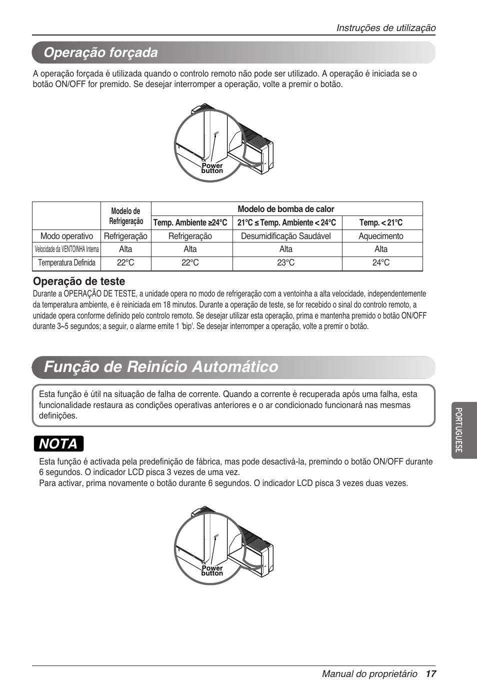 Função de reinício automático, Nota, Operação forçada | Operação de teste | LG CC07AWV User Manual | Page 137 / 381