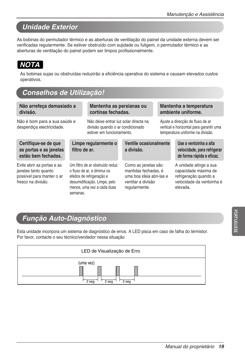 Nota, Unidade exterior, Conselhos de utilização! função auto-diagnóstico | LG CC07AWV User Manual | Page 139 / 381