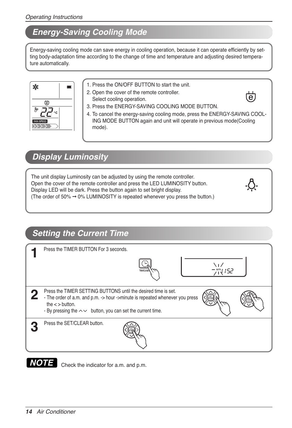 Energy-saving cooling mode, Display luminosity, Setting the current time | LG CC07AWV User Manual | Page 14 / 381