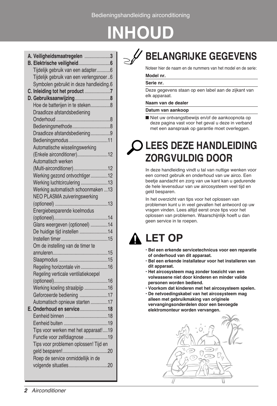 Inhoud, Belangrijke gegevens, Lees deze handleiding zorgvuldig door | Let op | LG CC07AWV User Manual | Page 142 / 381