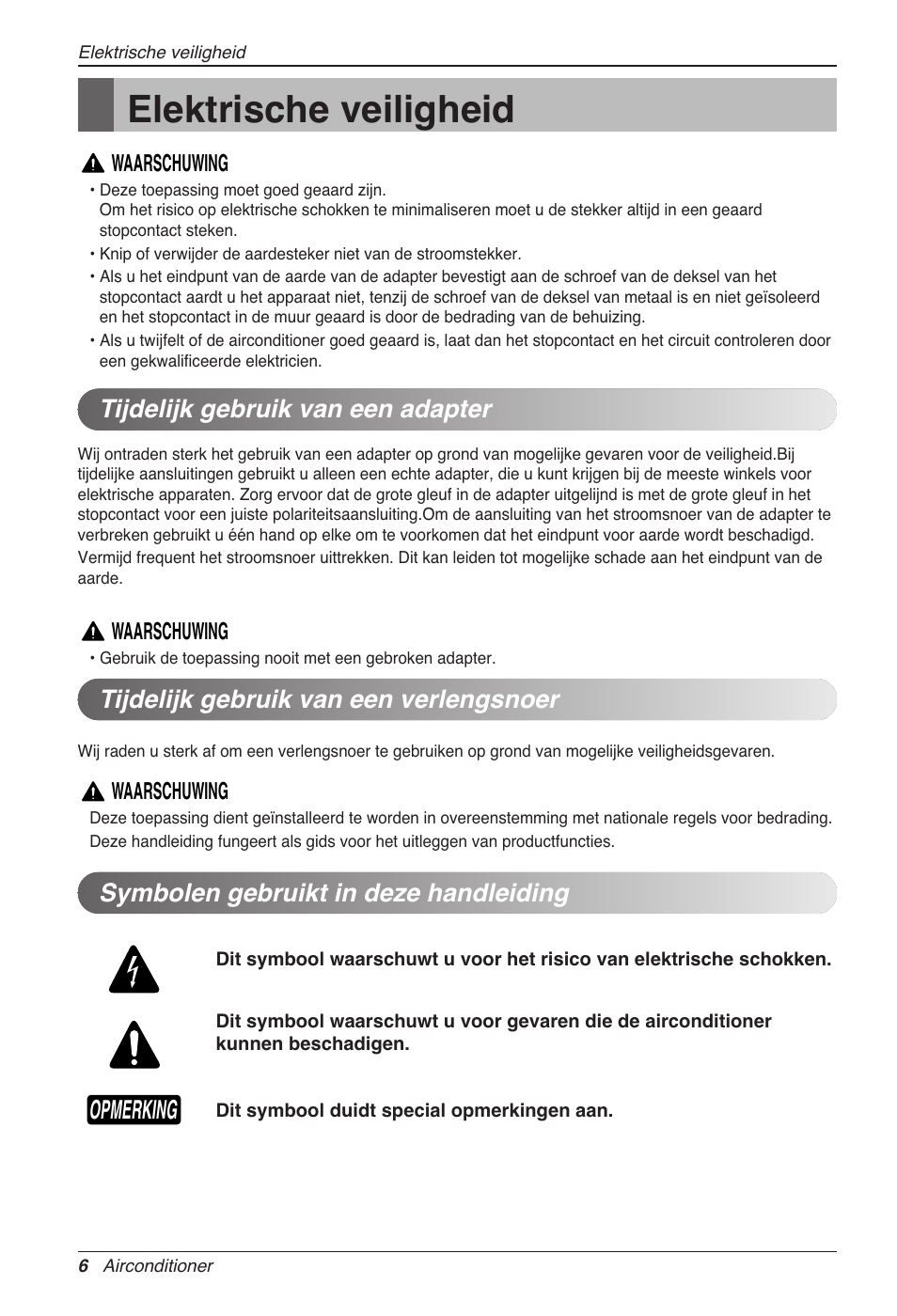 Elektrische veiligheid, Opmerking, Symbolen gebruikt in deze handleiding | LG CC07AWV User Manual | Page 146 / 381