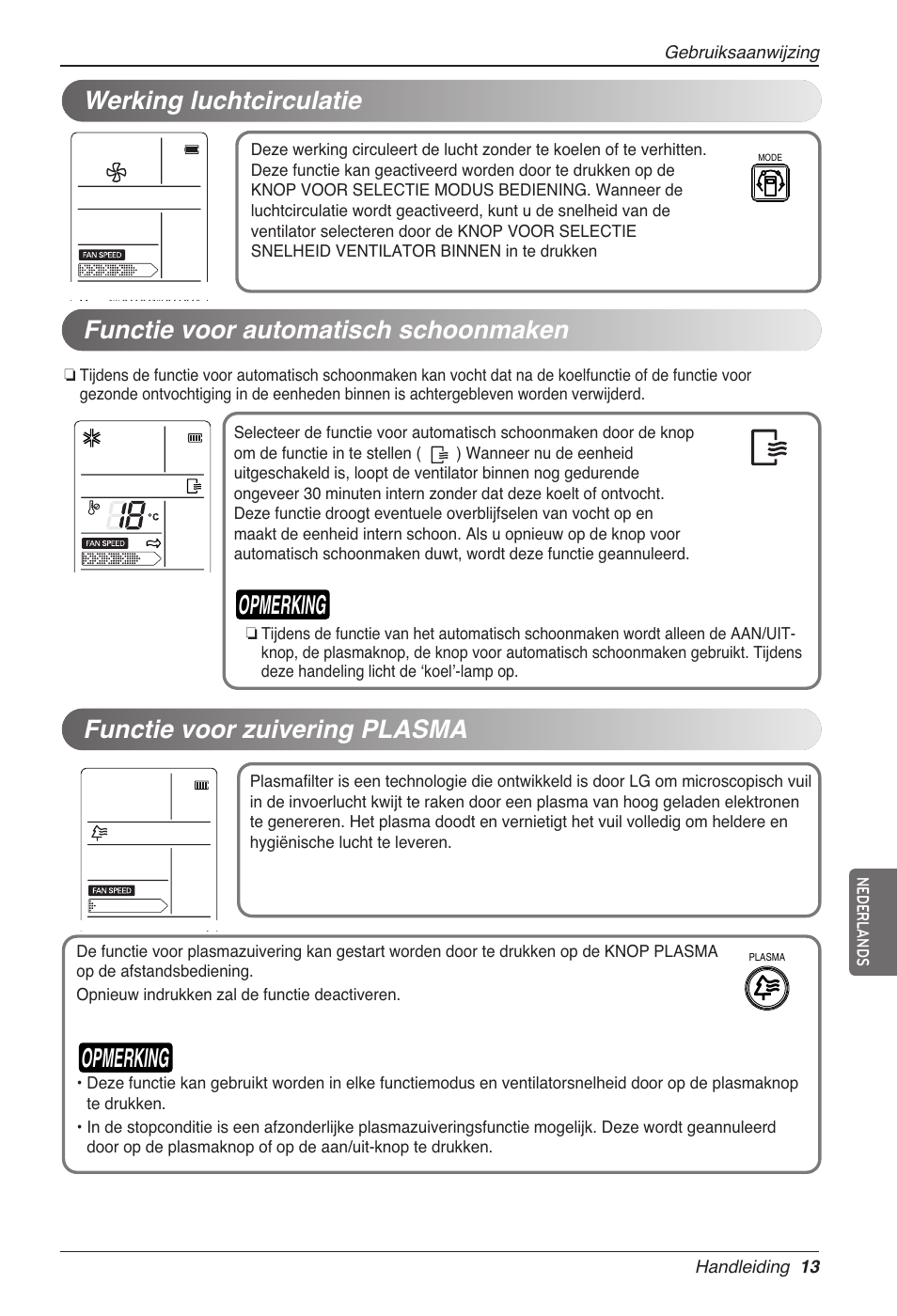 Opmerking, Functie voor automatisch schoonmaken, Functie voor zuivering plasma | Werking luchtcirculatie | LG CC07AWV User Manual | Page 153 / 381