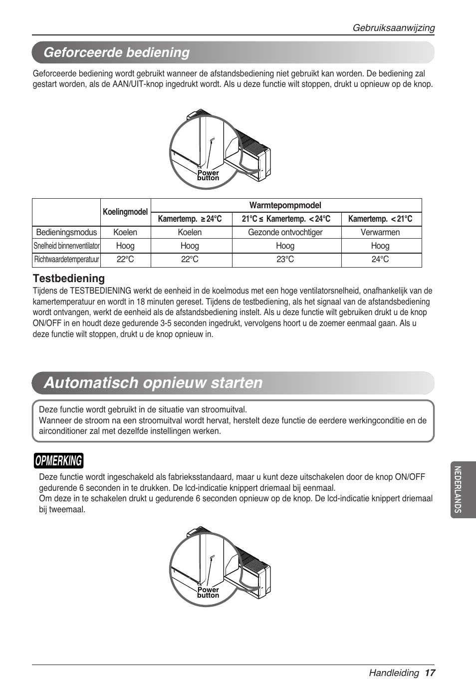Automatisch opnieuw starten, Opmerking, Geforceerde bediening | Testbediening | LG CC07AWV User Manual | Page 157 / 381