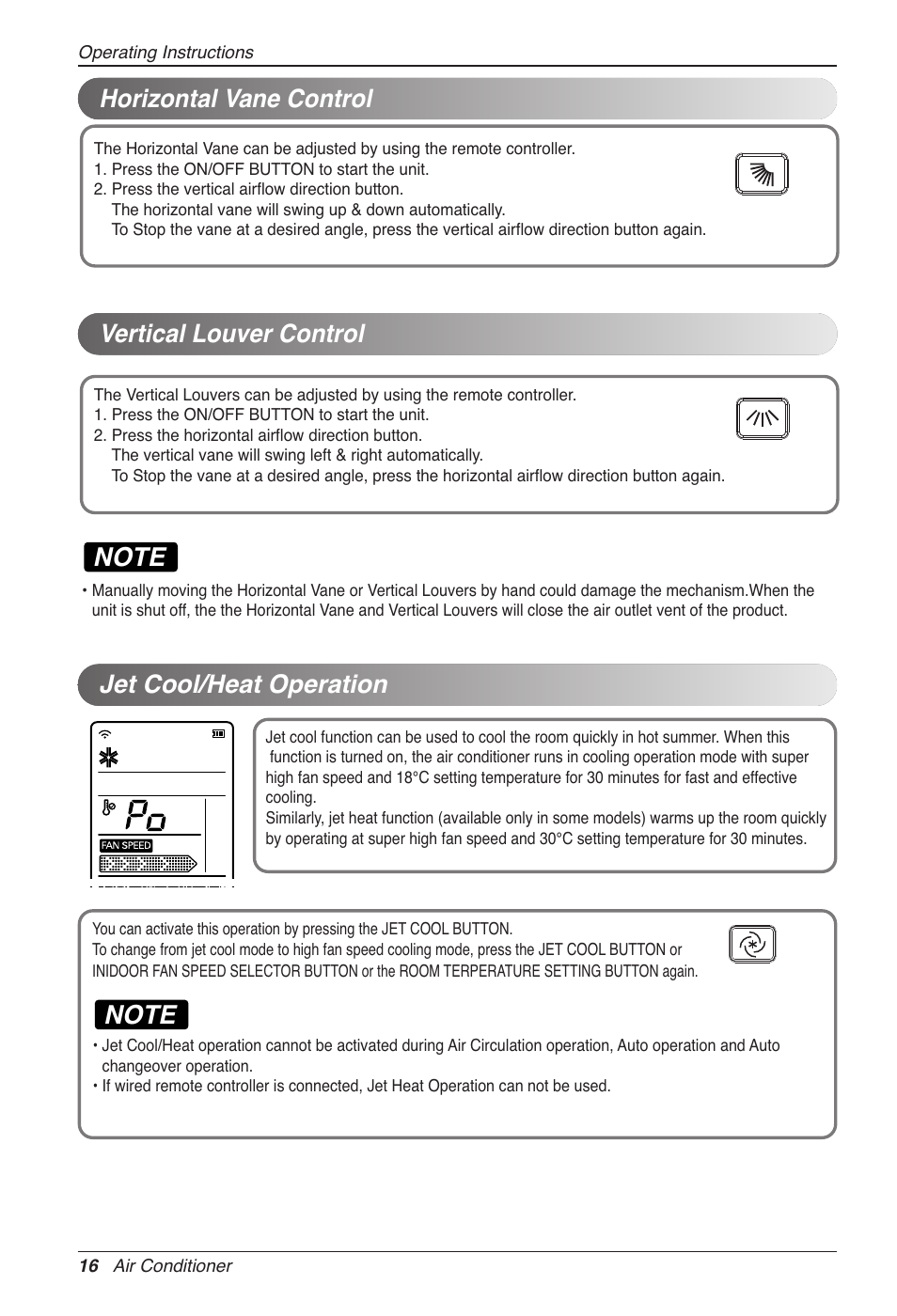 Horizontal vane control vertical louver control, Jet cool/heat operation | LG CC07AWV User Manual | Page 16 / 381