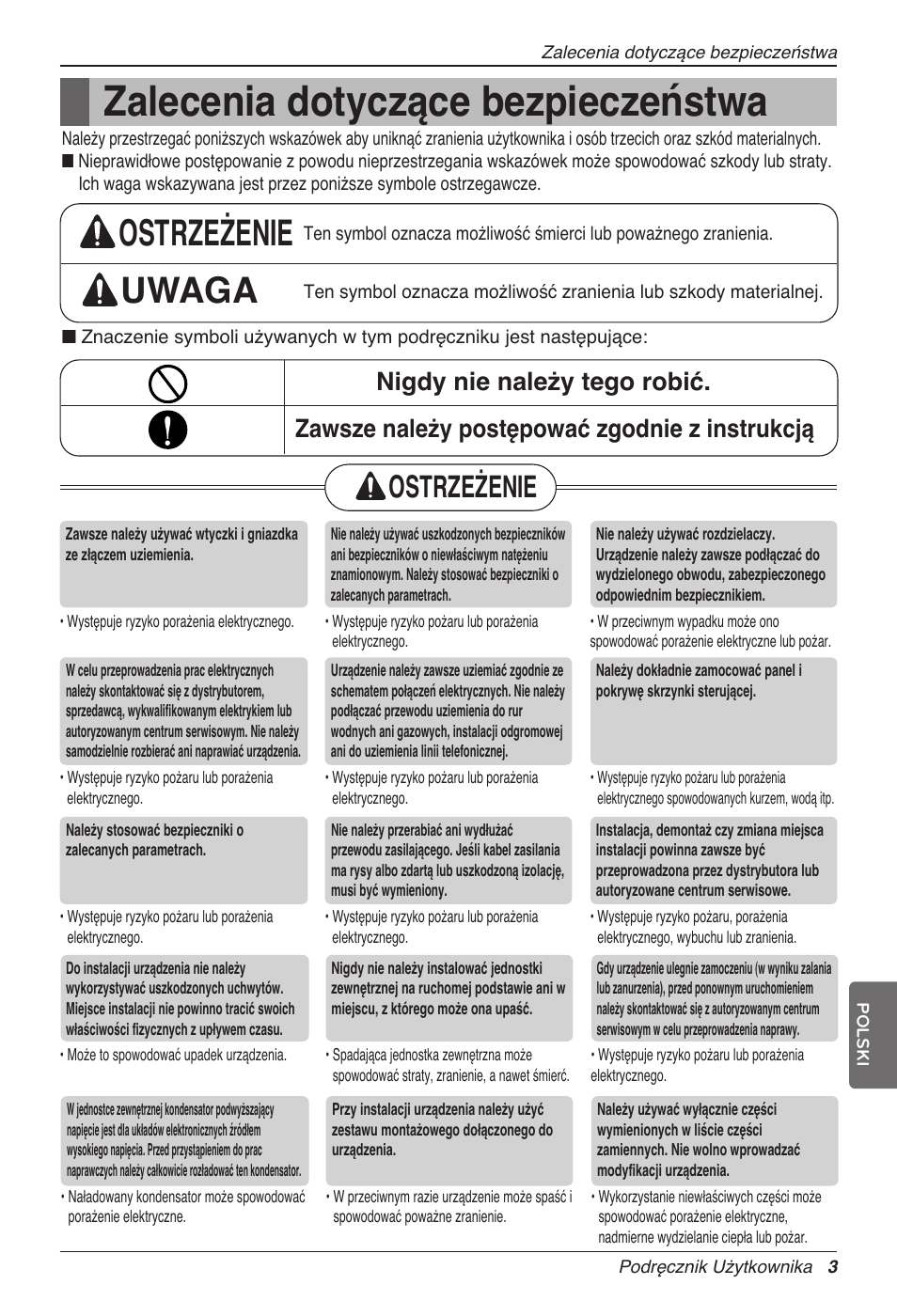 Zalecenia dotyczące bezpieczeństwa, Ostrzeżenie uwaga, Ostrzeżenie | LG CC07AWV User Manual | Page 163 / 381