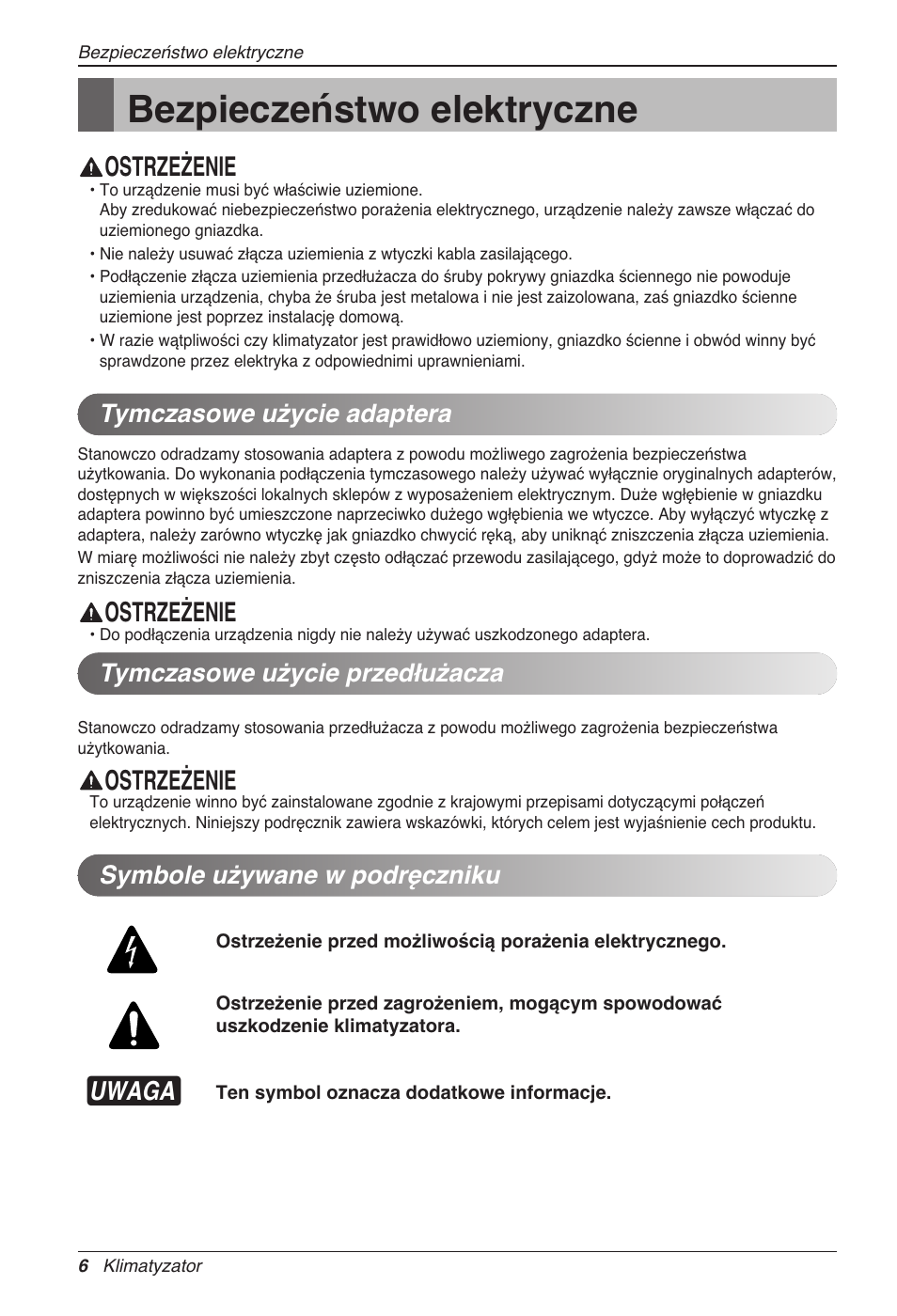 Bezpieczeństwo elektryczne, Ostrzeżenie, Uwaga | Symbole używane w podręczniku | LG CC07AWV User Manual | Page 166 / 381