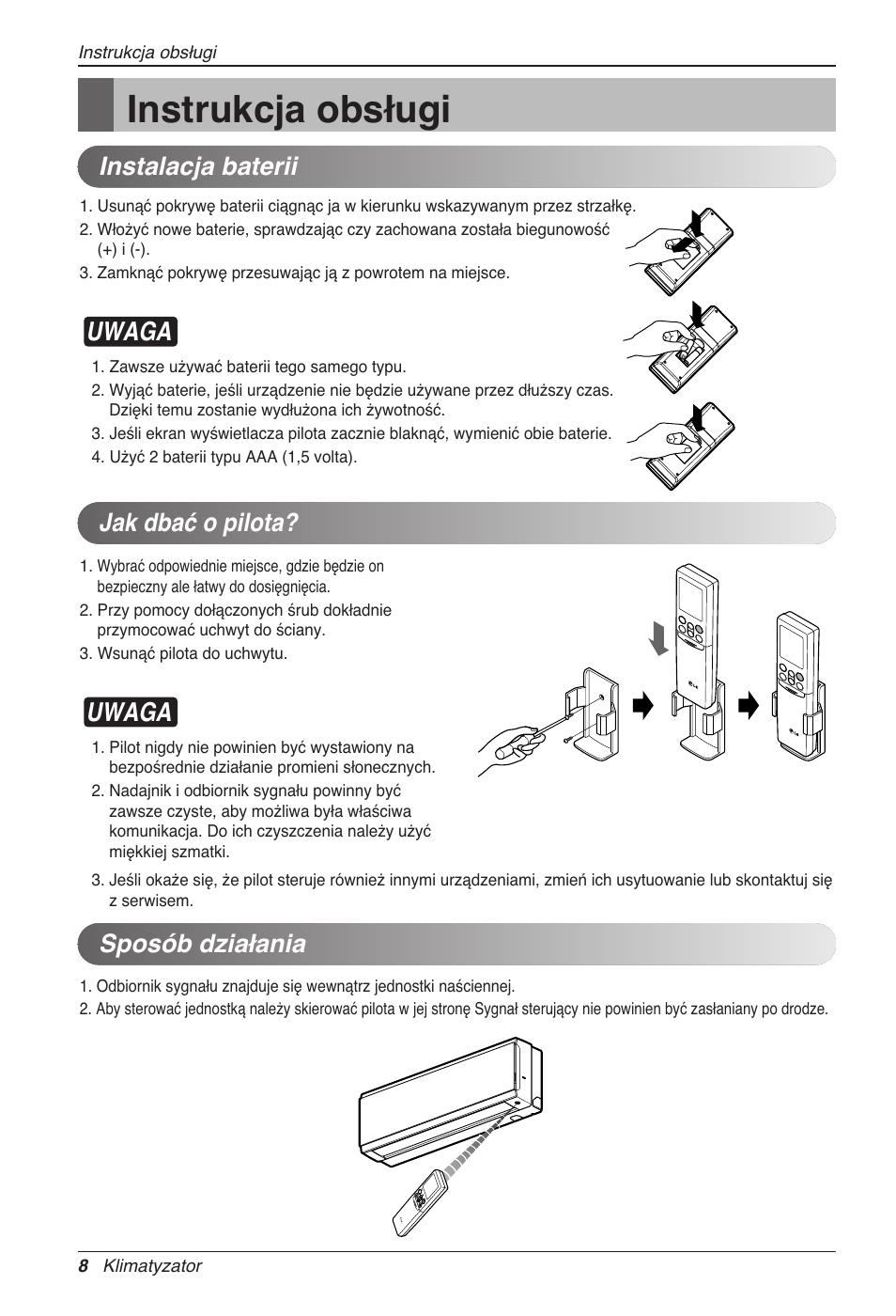 Instrukcja obsługi, Uwaga, Instalacja baterii jak dbać o pilota | Sposób działania | LG CC07AWV User Manual | Page 168 / 381