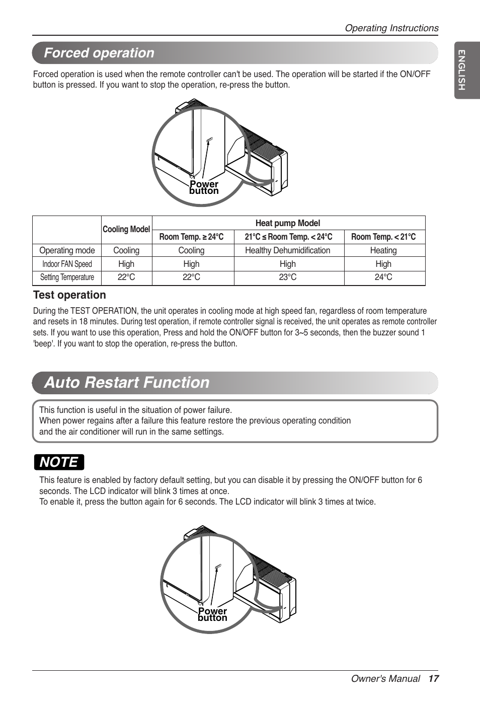 Auto restart function, Forced operation, Test operation | LG CC07AWV User Manual | Page 17 / 381