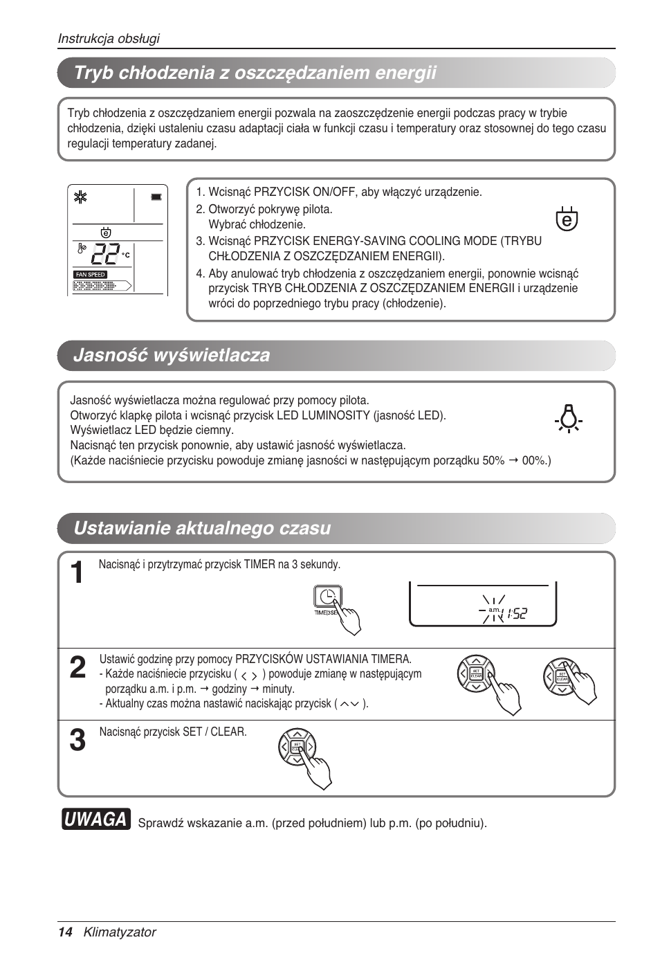 Uwaga, Tryb chłodzenia z oszczędzaniem energii, Jasność wyświetlacza | Ustawianie aktualnego czasu | LG CC07AWV User Manual | Page 174 / 381