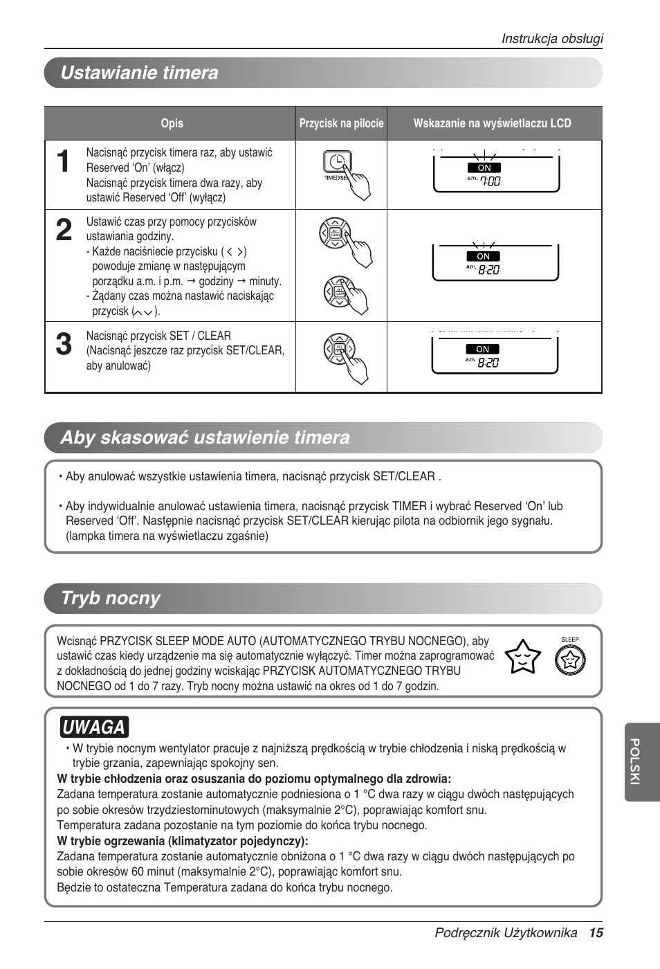 Uwaga, Aby skasować ustawienie timera ustawianie timera, Tryb nocny | LG CC07AWV User Manual | Page 175 / 381