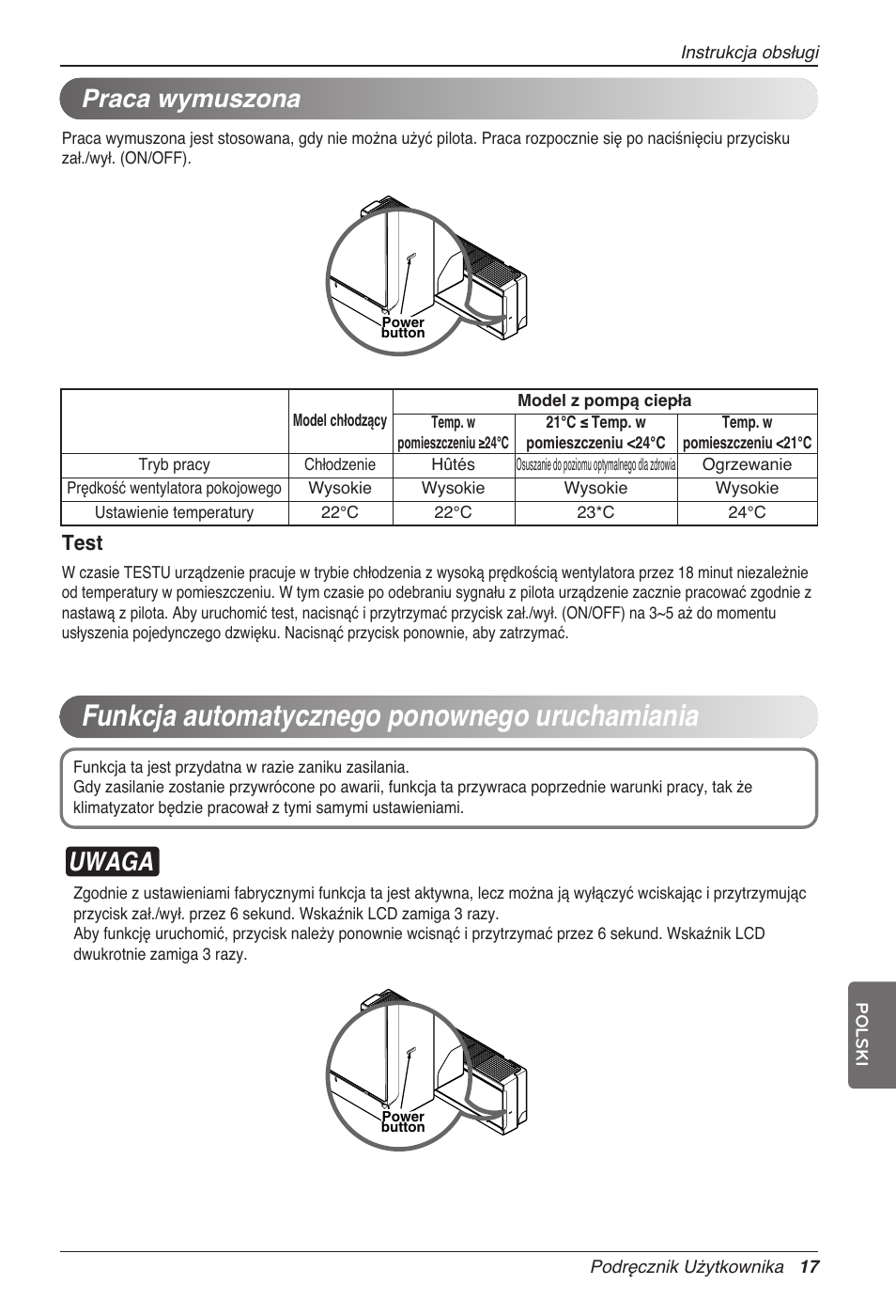 Funkcja automatycznego ponownego uruchamiania, Uwaga, Praca wymuszona | Test | LG CC07AWV User Manual | Page 177 / 381
