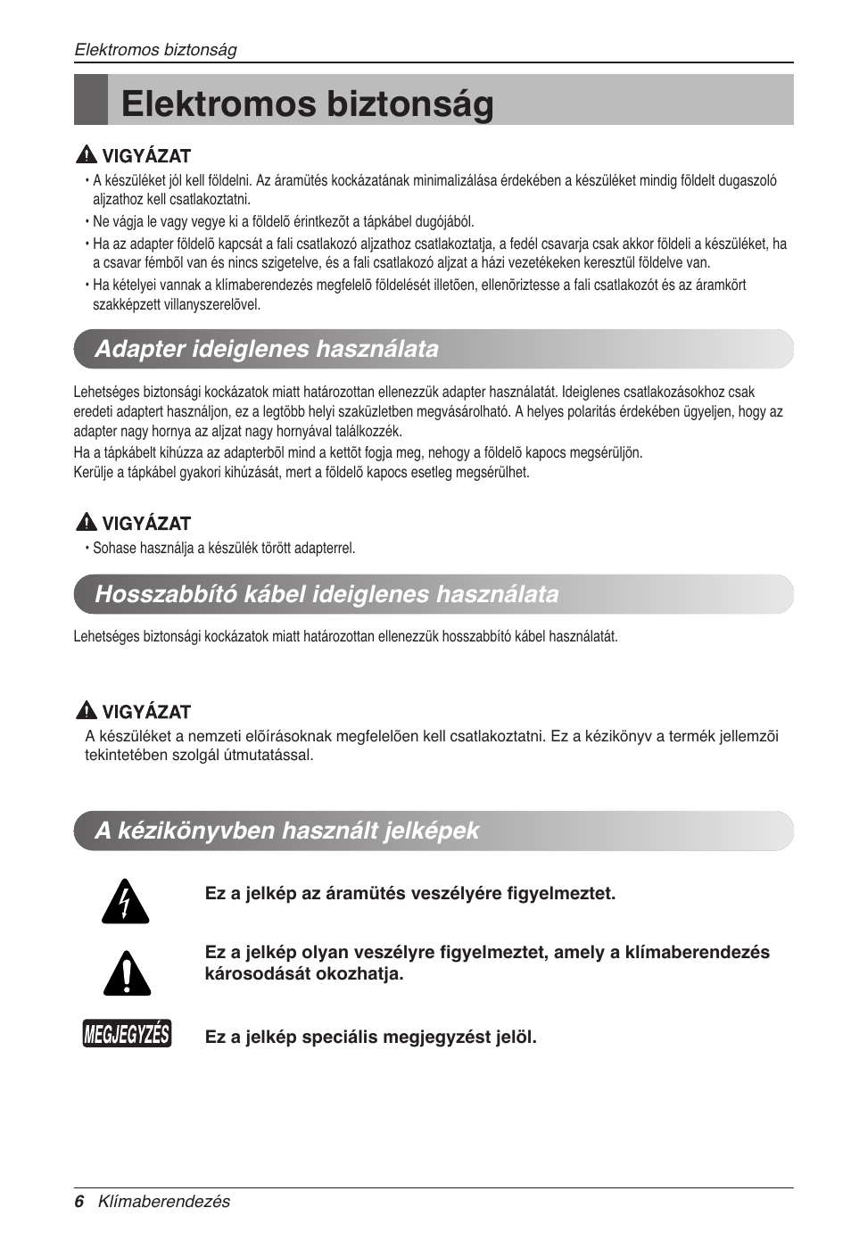 Elektromos biztonság, A kézikönyvben használt jelképek | LG CC07AWV User Manual | Page 186 / 381