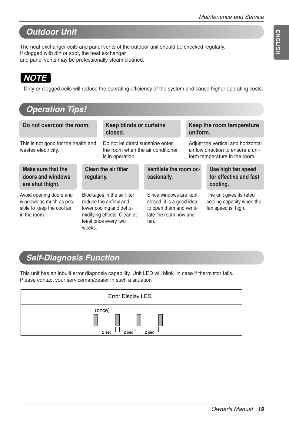 Outdoor unit, Operation tips! self-diagnosis function | LG CC07AWV User Manual | Page 19 / 381