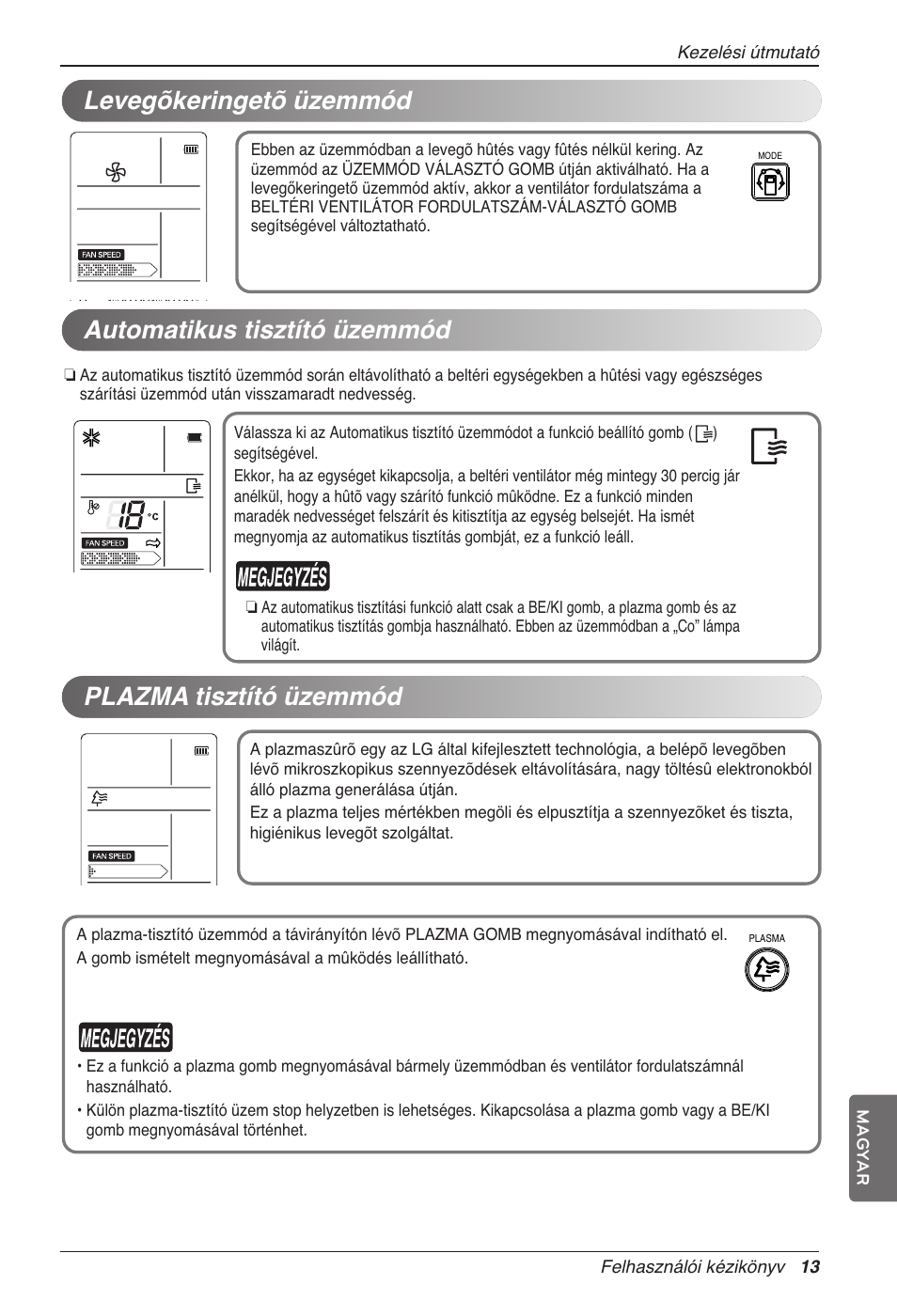 Automatikus tisztító üzemmód, Plazma tisztító üzemmód, Levegõkeringetõ üzemmód | LG CC07AWV User Manual | Page 193 / 381