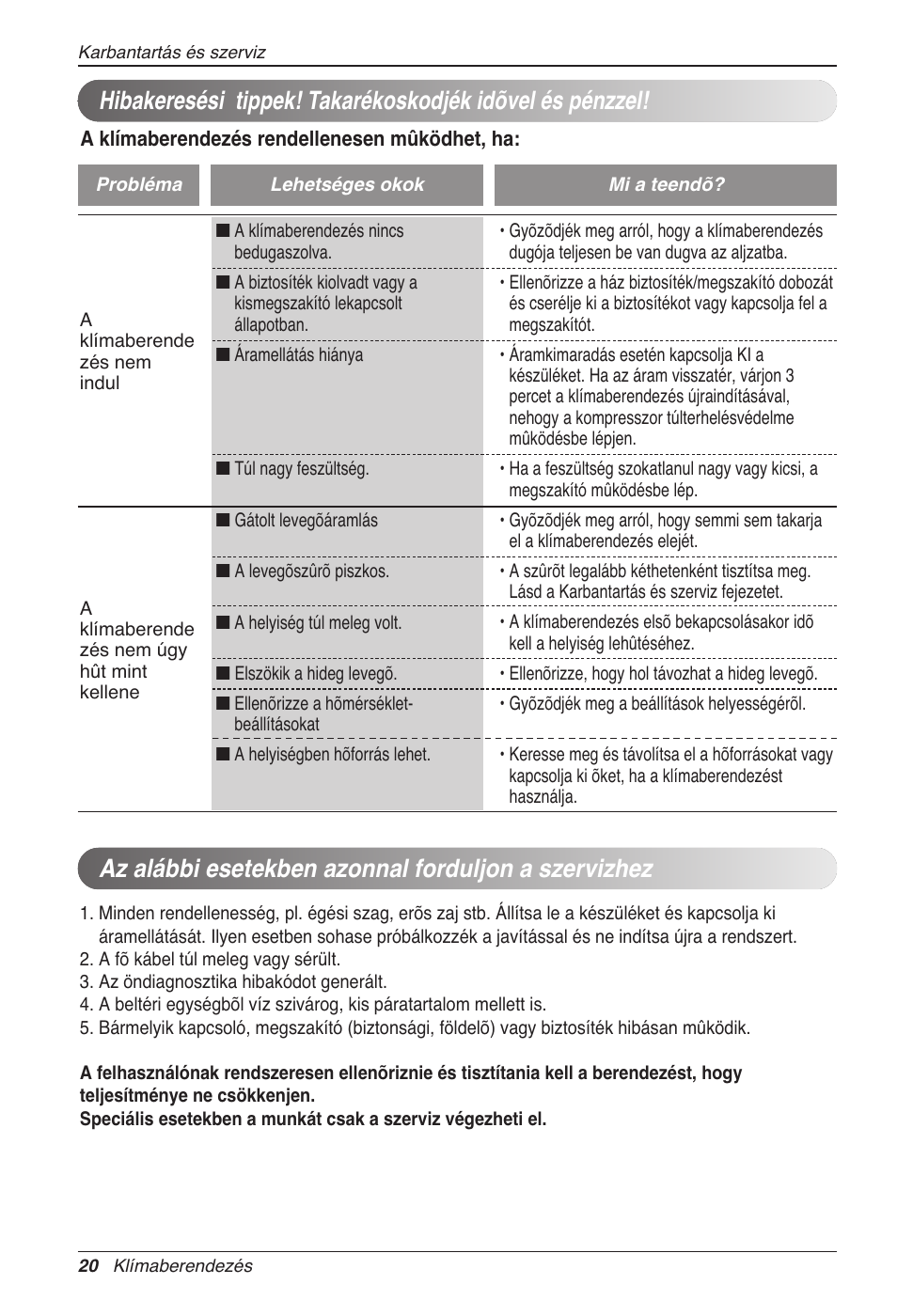 Az alábbi esetekben azonnal forduljon a szervizhez | LG CC07AWV User Manual | Page 200 / 381