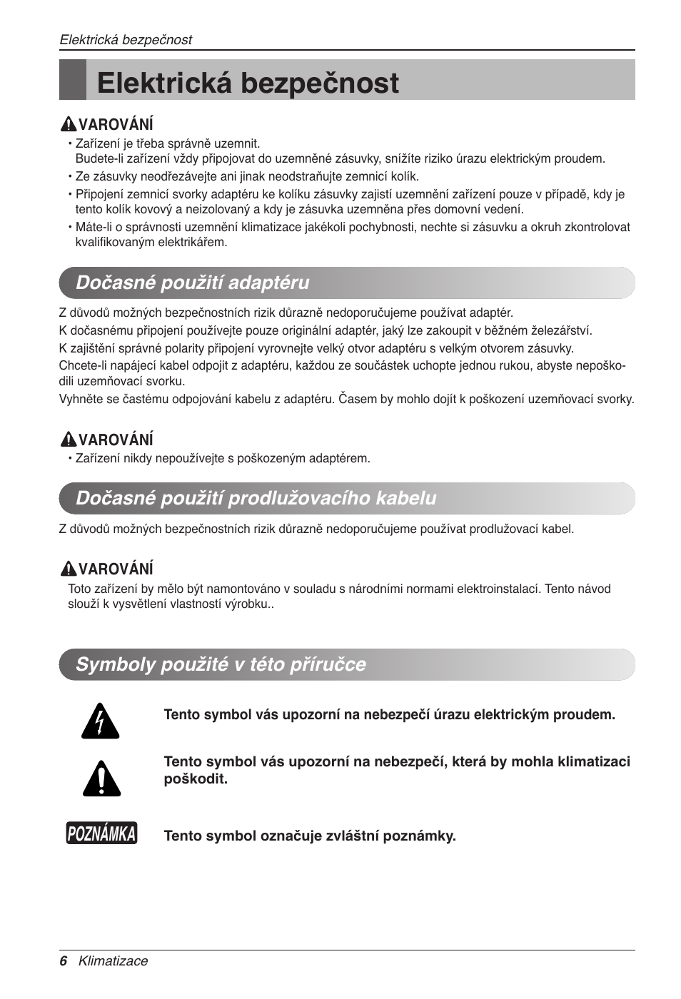 Elektrická bezpečnost, Poznámka, Symboly použité v této příručce | LG CC07AWV User Manual | Page 206 / 381