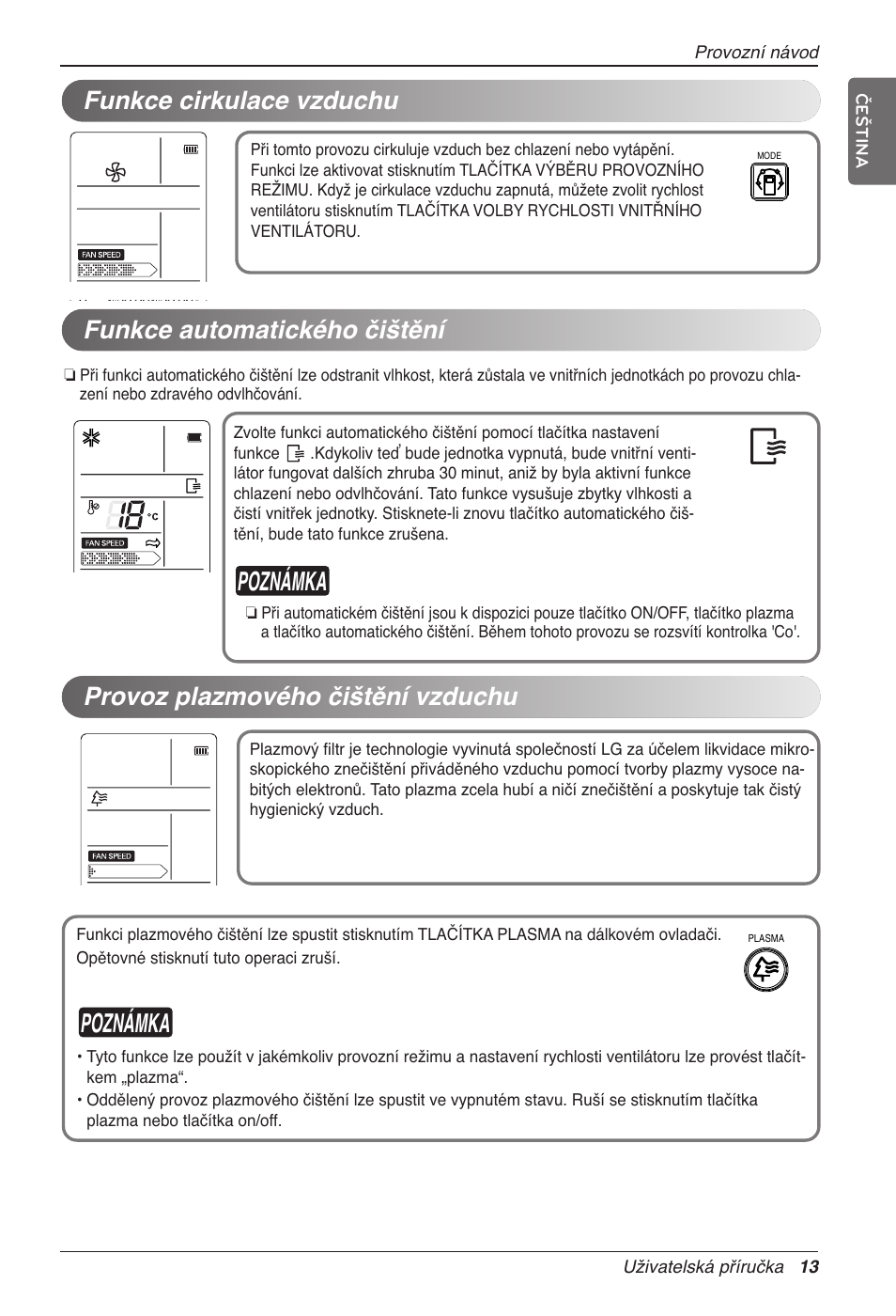 Poznámka, Funkce automatického čištění, Provoz plazmového čištění vzduchu | Funkce cirkulace vzduchu | LG CC07AWV User Manual | Page 213 / 381