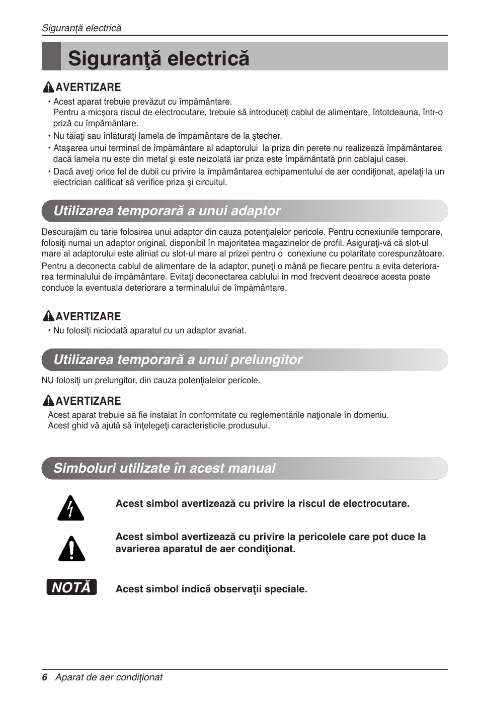 Siguranţă electrică, Notă, Simboluri utilizate în acest manual | LG CC07AWV User Manual | Page 226 / 381